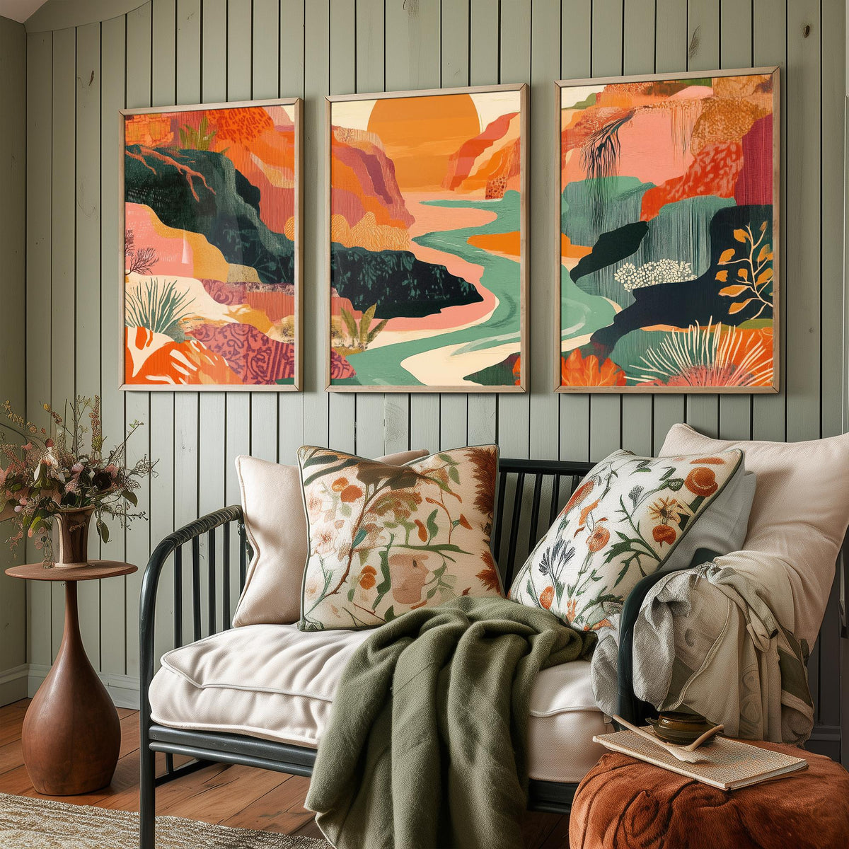 Conceptual Canyon Set of Three Prints V9 - Sunset Gorge Collage Panorama - Boho Abstract Landscape Illustration Wall Art Poster