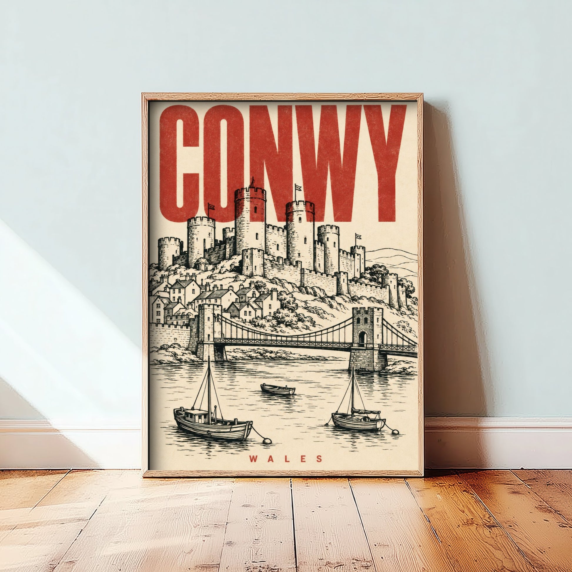 Conwy Castle Travel Poster - Wales Art Print - Vintage Duotone Illustration - Medieval Castle 1/3