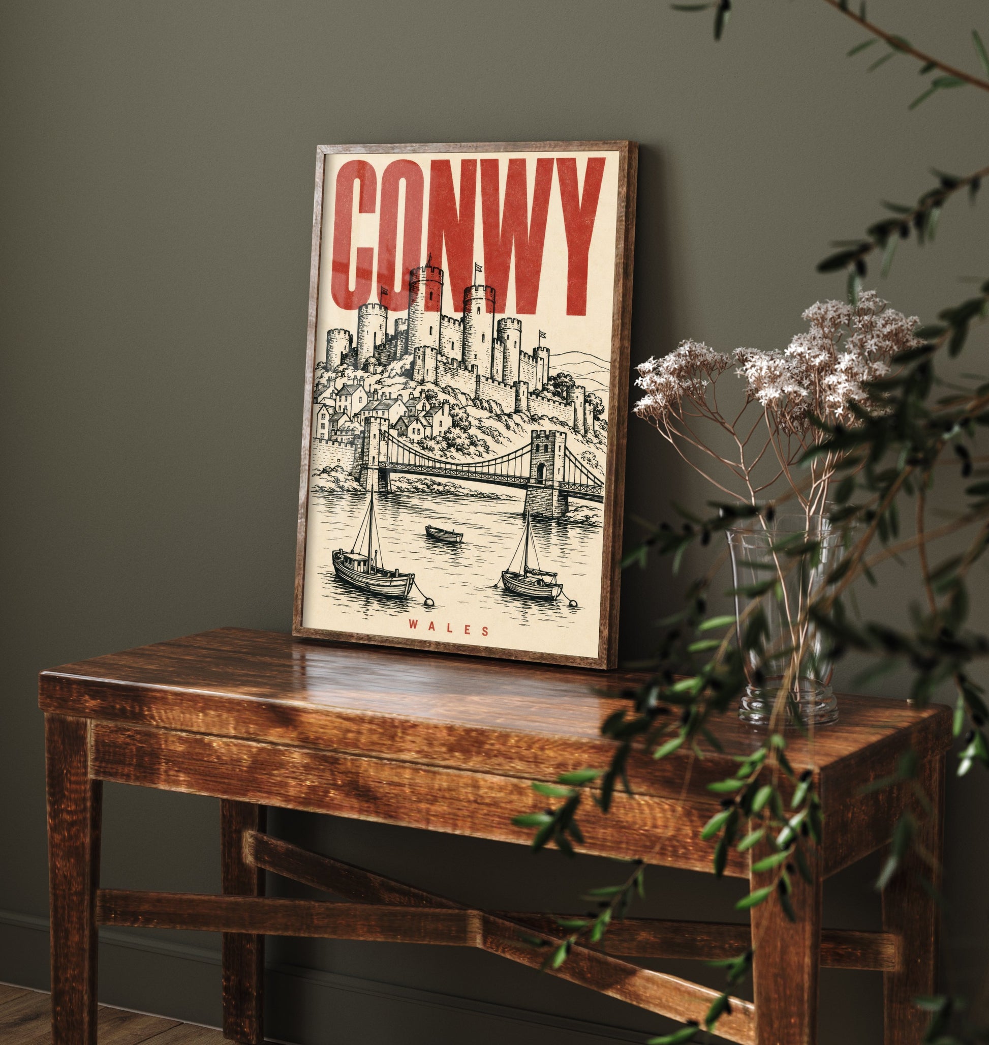 Conwy Castle Travel Poster - Wales Art Print - Vintage Duotone Illustration - Medieval Castle 1/3