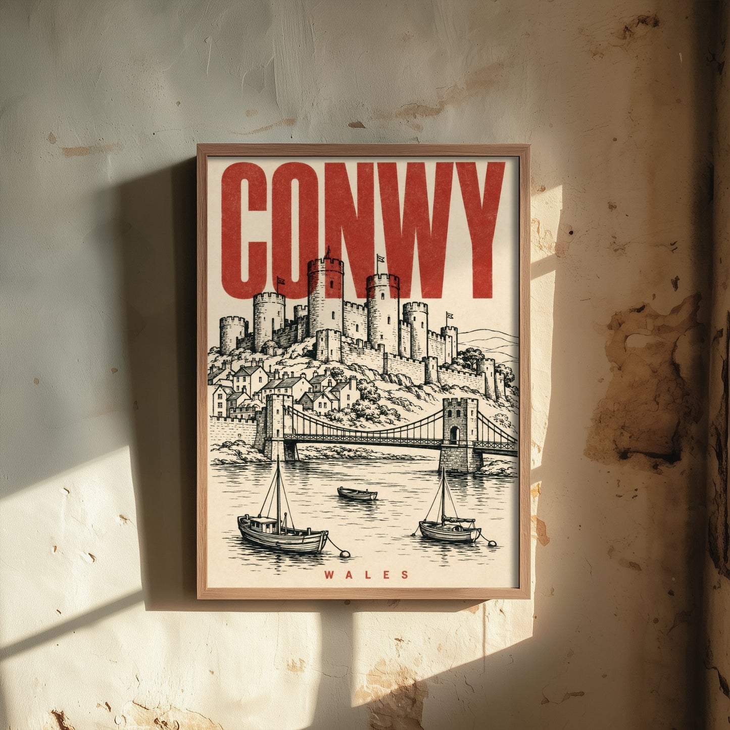 Conwy Castle Travel Poster - Wales Art Print - Vintage Duotone Illustration - Medieval Castle 1/3