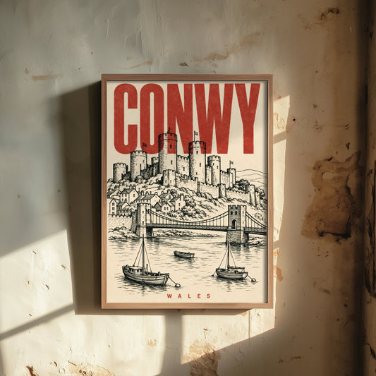 Conwy Castle Travel Poster - Wales Art Print - Vintage Duotone Illustration - Medieval Castle 1/3