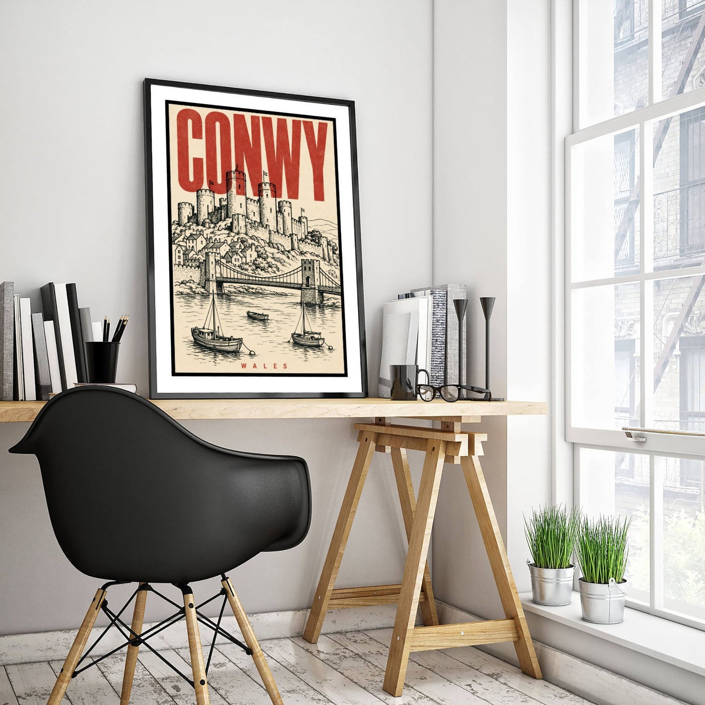 Conwy Castle Travel Poster - Wales Art Print - Vintage Duotone Illustration - Medieval Castle 1/3