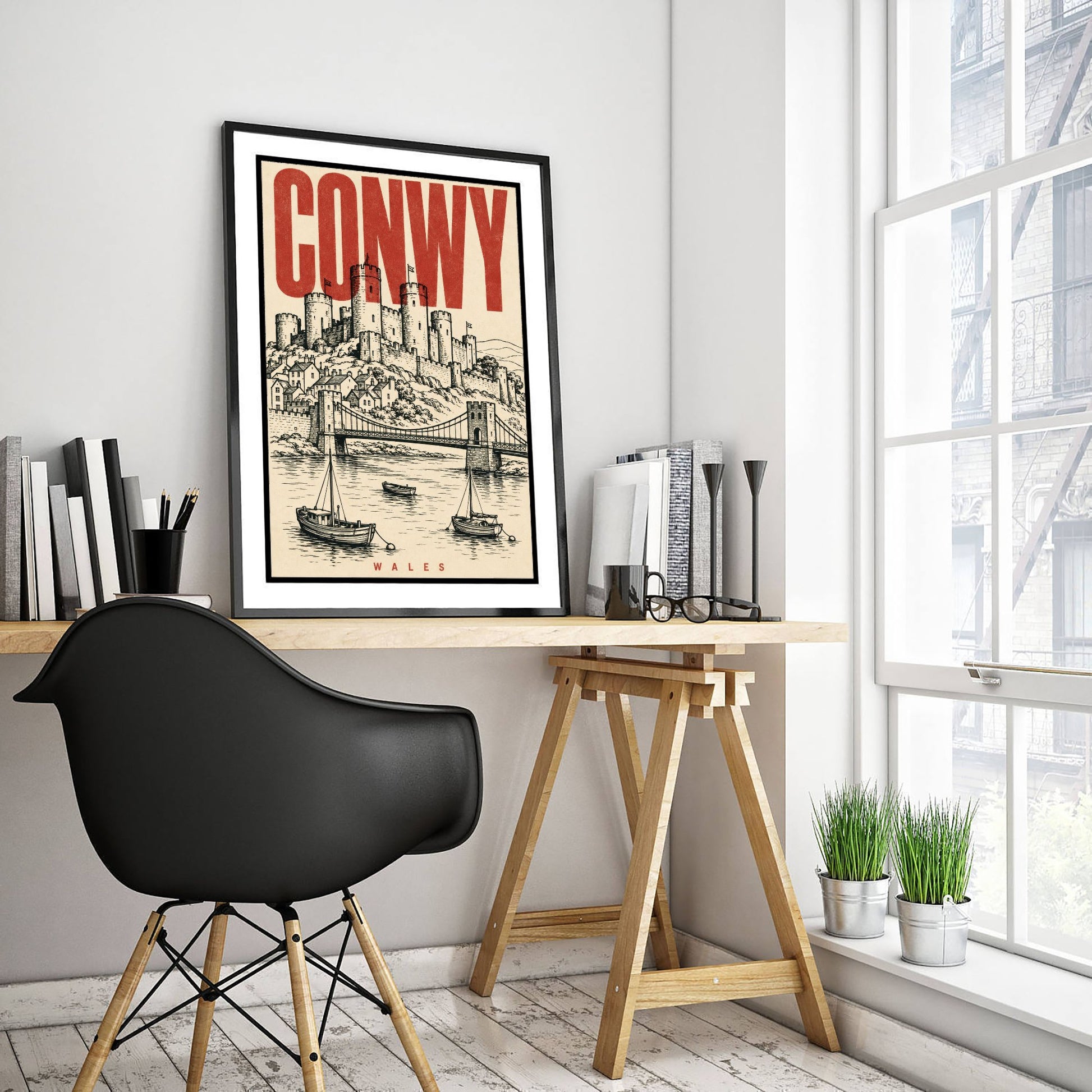 Conwy Castle Travel Poster - Wales Art Print - Vintage Duotone Illustration - Medieval Castle 1/3