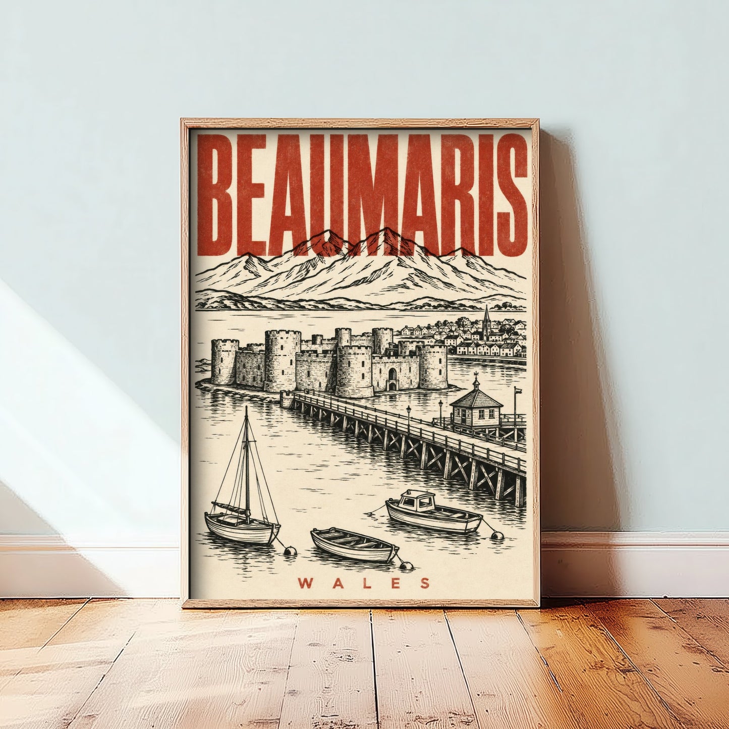 Beaumaris Castle Travel Poster - Wales Art Print - Vintage Duotone Illustration - Anglesey Castle 2/3