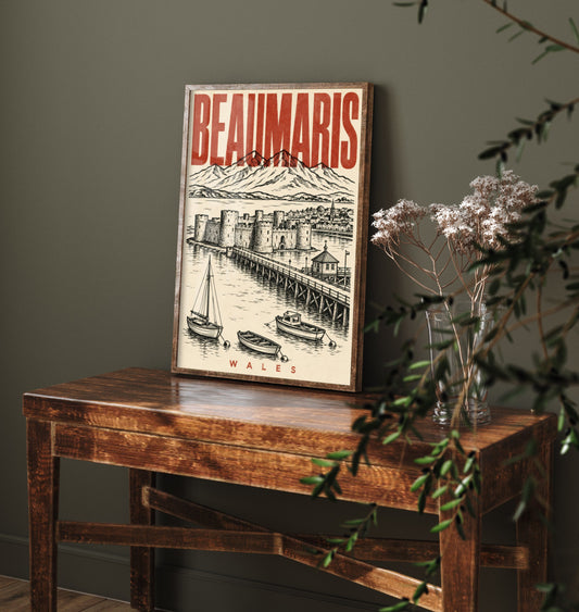 Beaumaris Castle Travel Poster - Wales Art Print - Vintage Duotone Illustration - Anglesey Castle 2/3