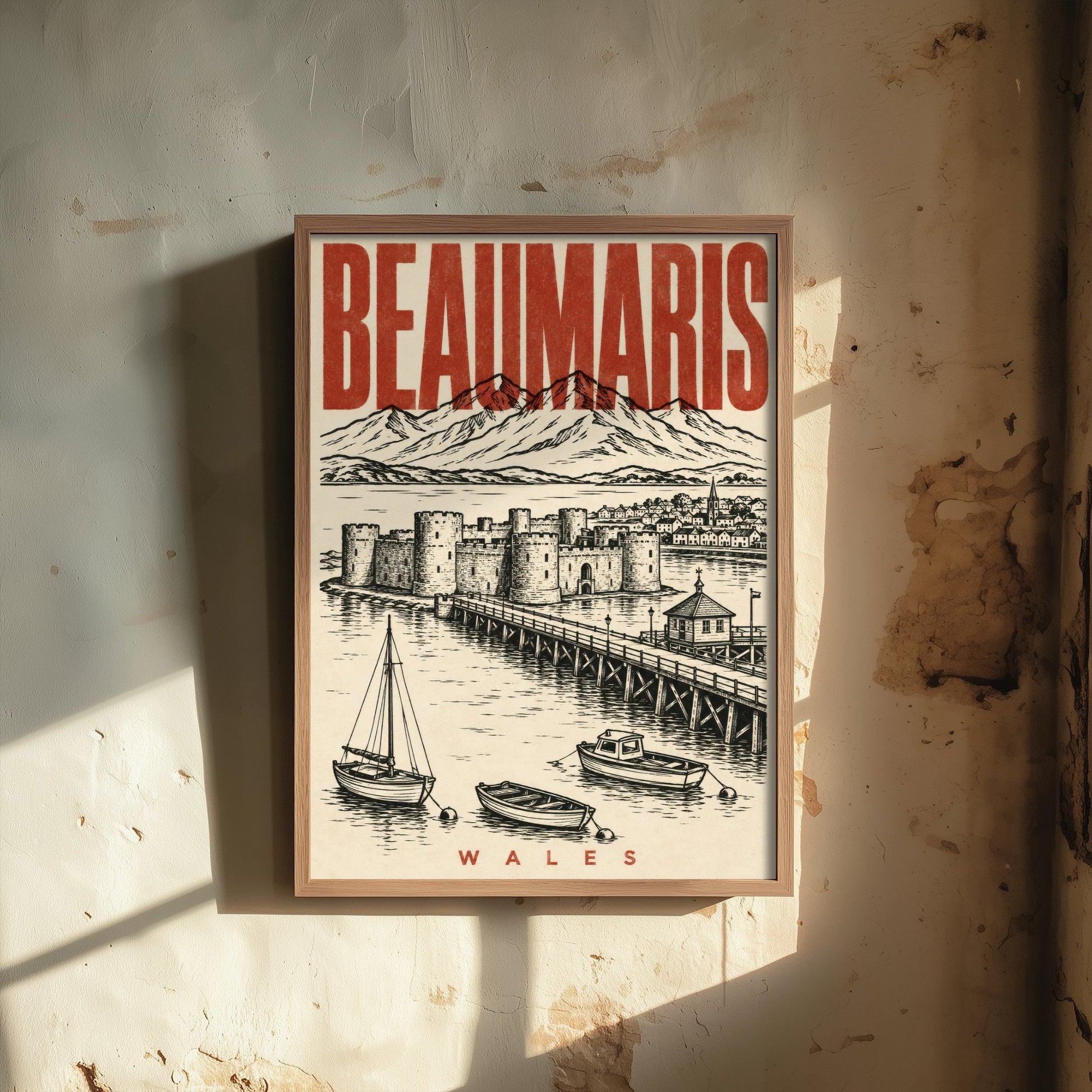 Beaumaris Castle Travel Poster - Wales Art Print - Vintage Duotone Illustration - Anglesey Castle 2/3