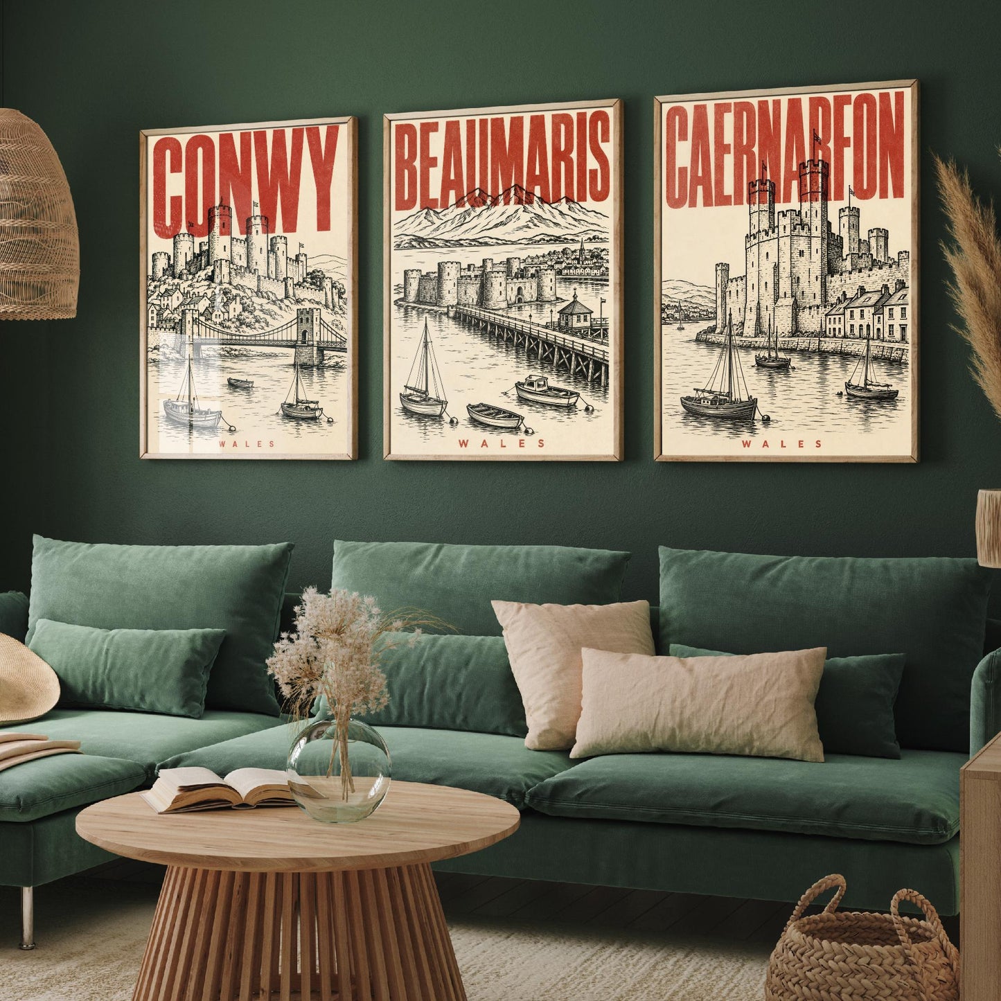 Set of Three Wales Castle Travel Posters - Conwy, Beaumaris, Caernarfon - 3 Vintage Art Prints - Duotone Illustration Gift