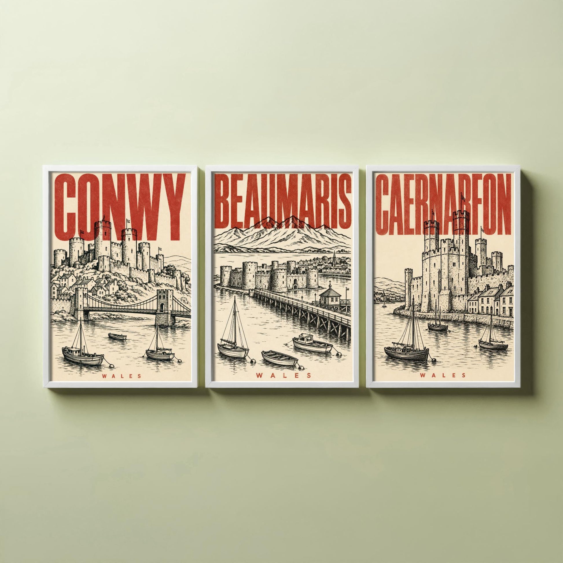 Set of Three Wales Castle Travel Posters - Conwy, Beaumaris, Caernarfon - 3 Vintage Art Prints - Duotone Illustration Gift