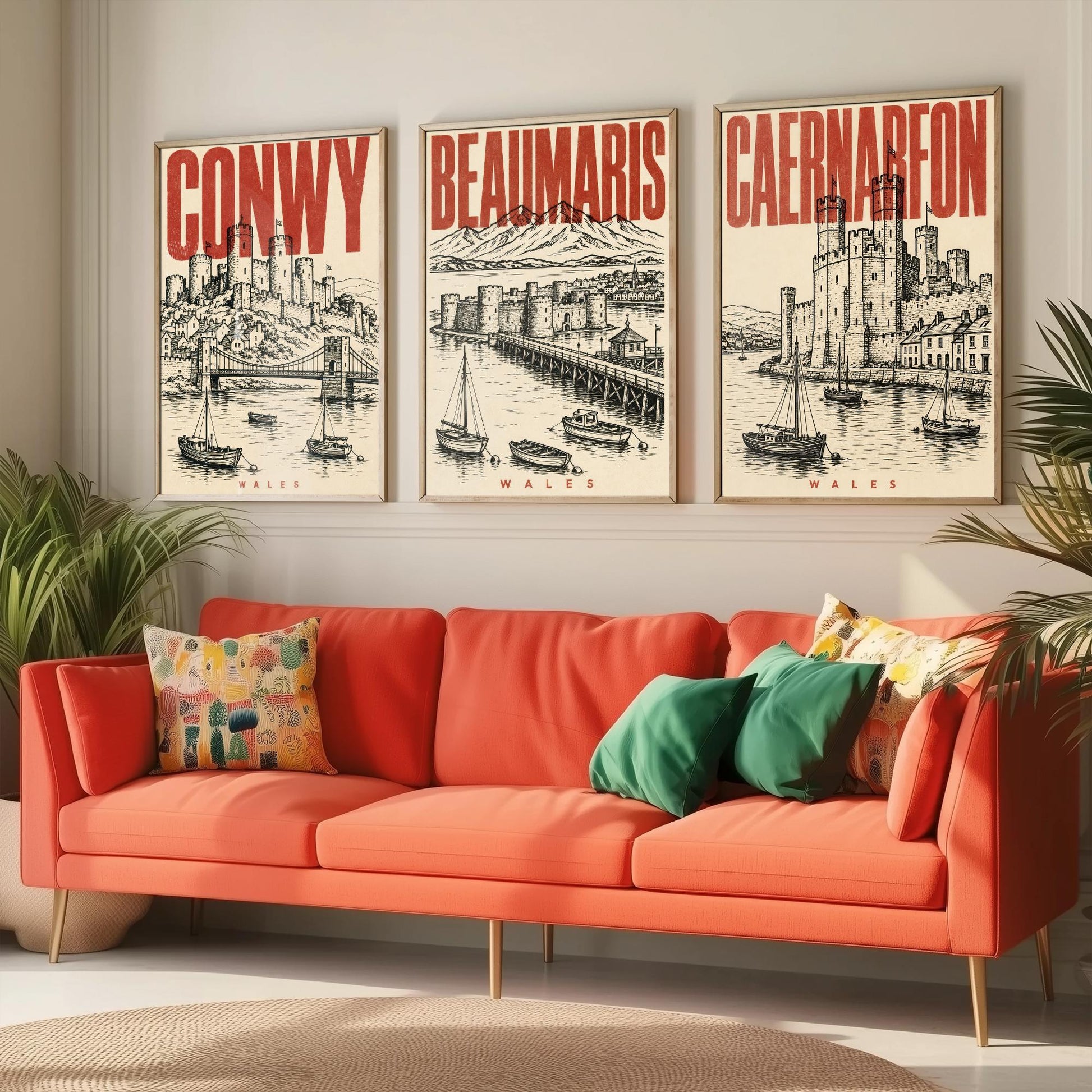 Set of Three Wales Castle Travel Posters - Conwy, Beaumaris, Caernarfon - 3 Vintage Art Prints - Duotone Illustration Gift