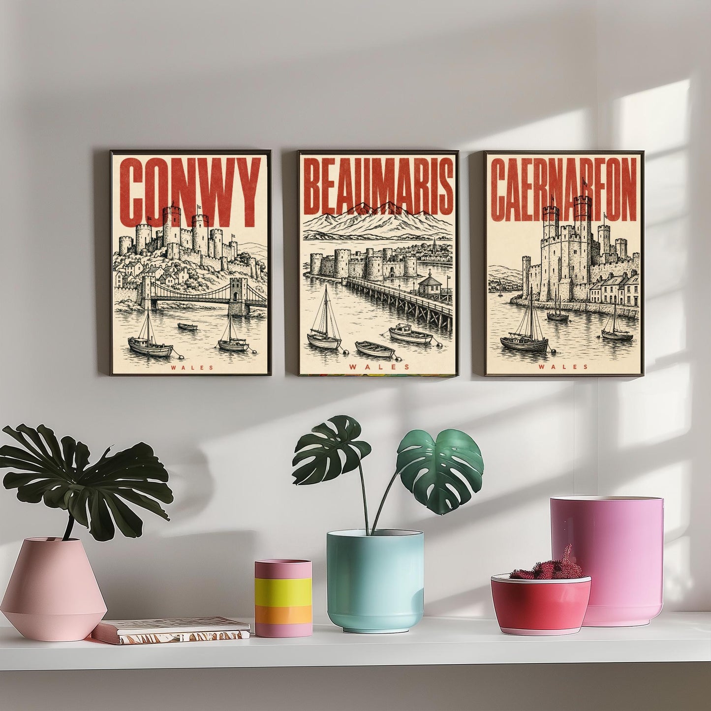 Set of Three Wales Castle Travel Posters - Conwy, Beaumaris, Caernarfon - 3 Vintage Art Prints - Duotone Illustration Gift