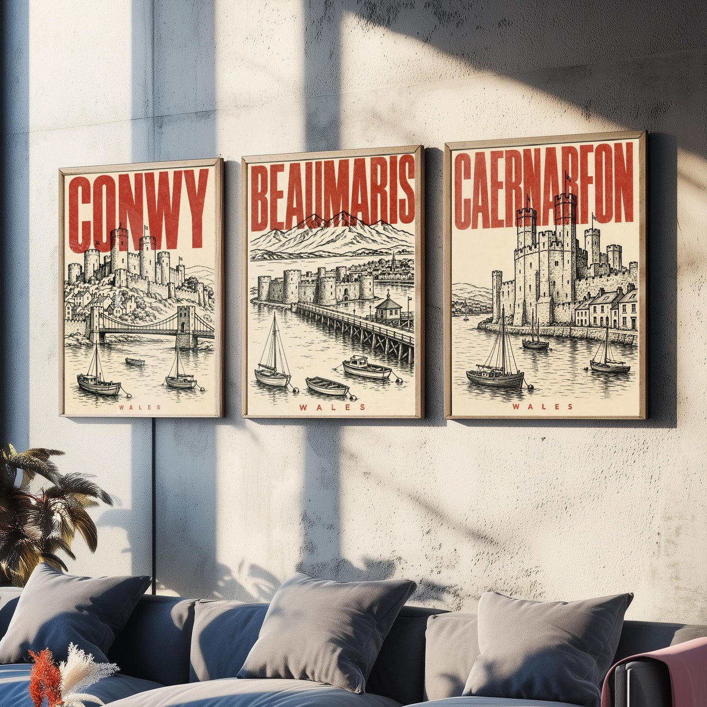 Set of Three Wales Castle Travel Posters - Conwy, Beaumaris, Caernarfon - 3 Vintage Art Prints - Duotone Illustration Gift