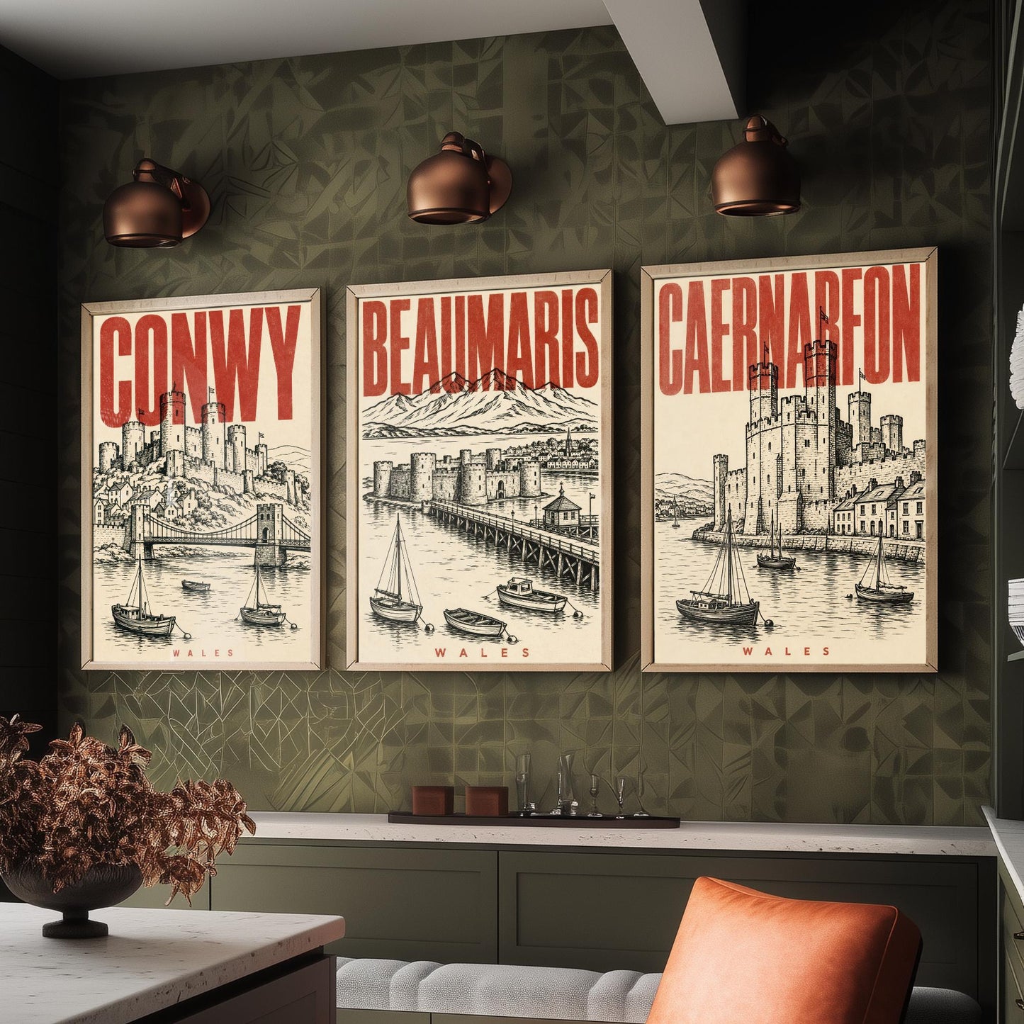 Set of Three Wales Castle Travel Posters - Conwy, Beaumaris, Caernarfon - 3 Vintage Art Prints - Duotone Illustration Gift