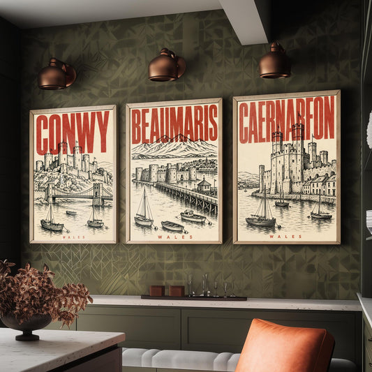 Set of Three Wales Castle Travel Posters - Conwy, Beaumaris, Caernarfon - 3 Vintage Art Prints - Duotone Illustration Gift