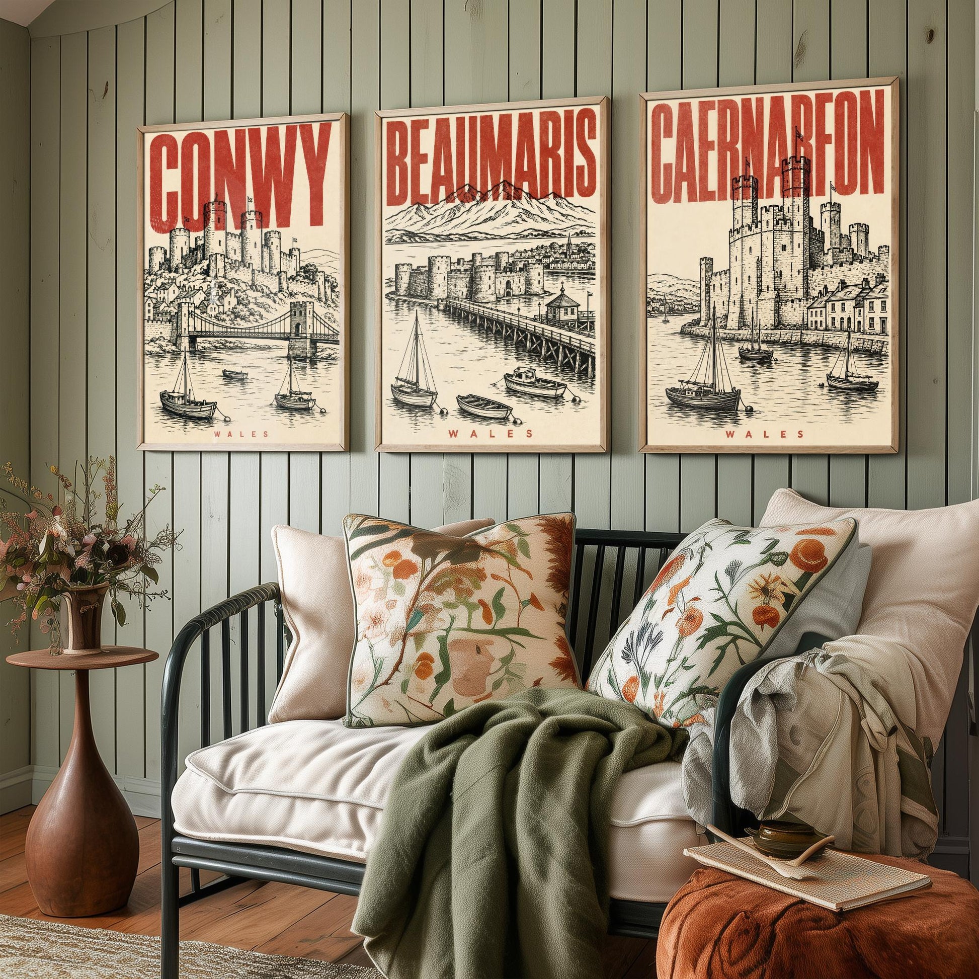 Set of Three Wales Castle Travel Posters - Conwy, Beaumaris, Caernarfon - 3 Vintage Art Prints - Duotone Illustration Gift