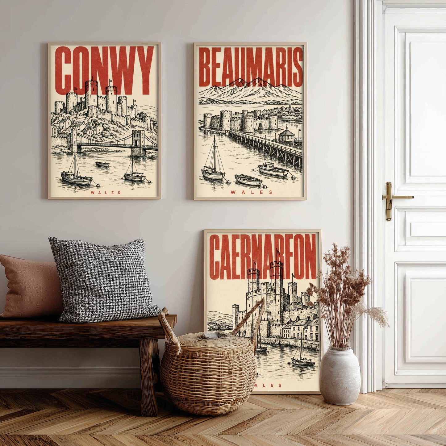 Set of Three Wales Castle Travel Posters - Conwy, Beaumaris, Caernarfon - 3 Vintage Art Prints - Duotone Illustration Gift