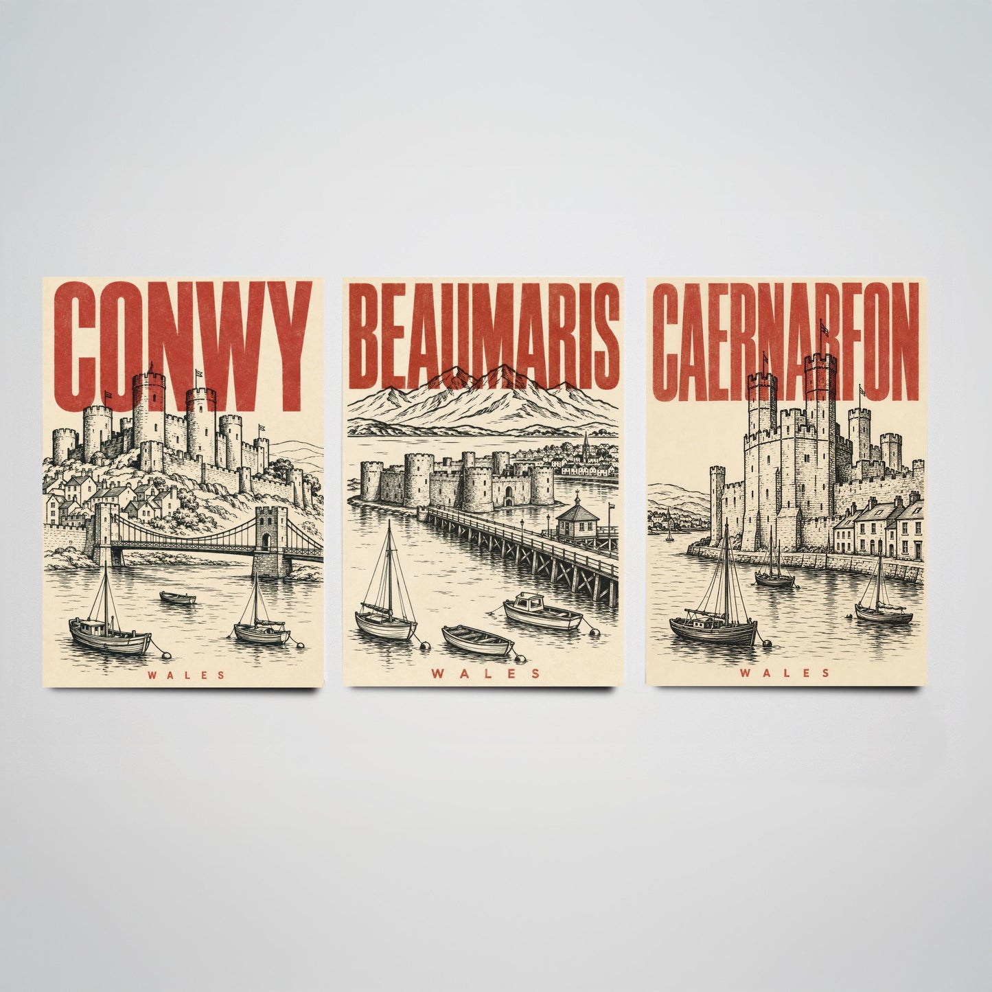 Set of Three Wales Castle Travel Posters - Conwy, Beaumaris, Caernarfon - 3 Vintage Art Prints - Duotone Illustration Gift