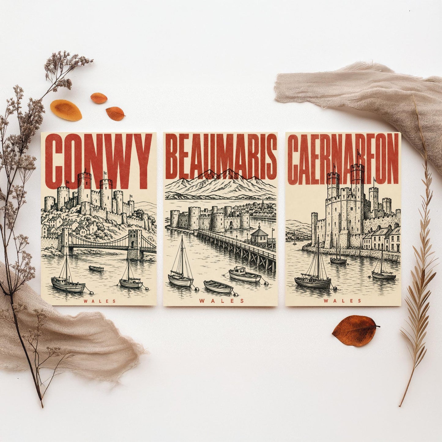 Set of Three Wales Castle Travel Posters - Conwy, Beaumaris, Caernarfon - 3 Vintage Art Prints - Duotone Illustration Gift