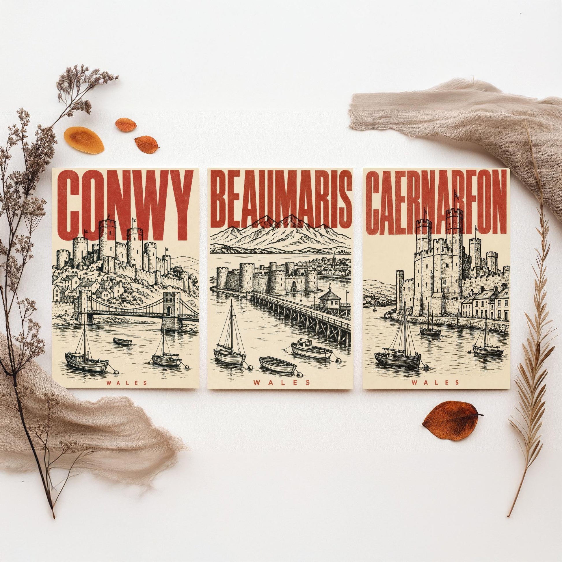 Set of Three Wales Castle Travel Posters - Conwy, Beaumaris, Caernarfon - 3 Vintage Art Prints - Duotone Illustration Gift