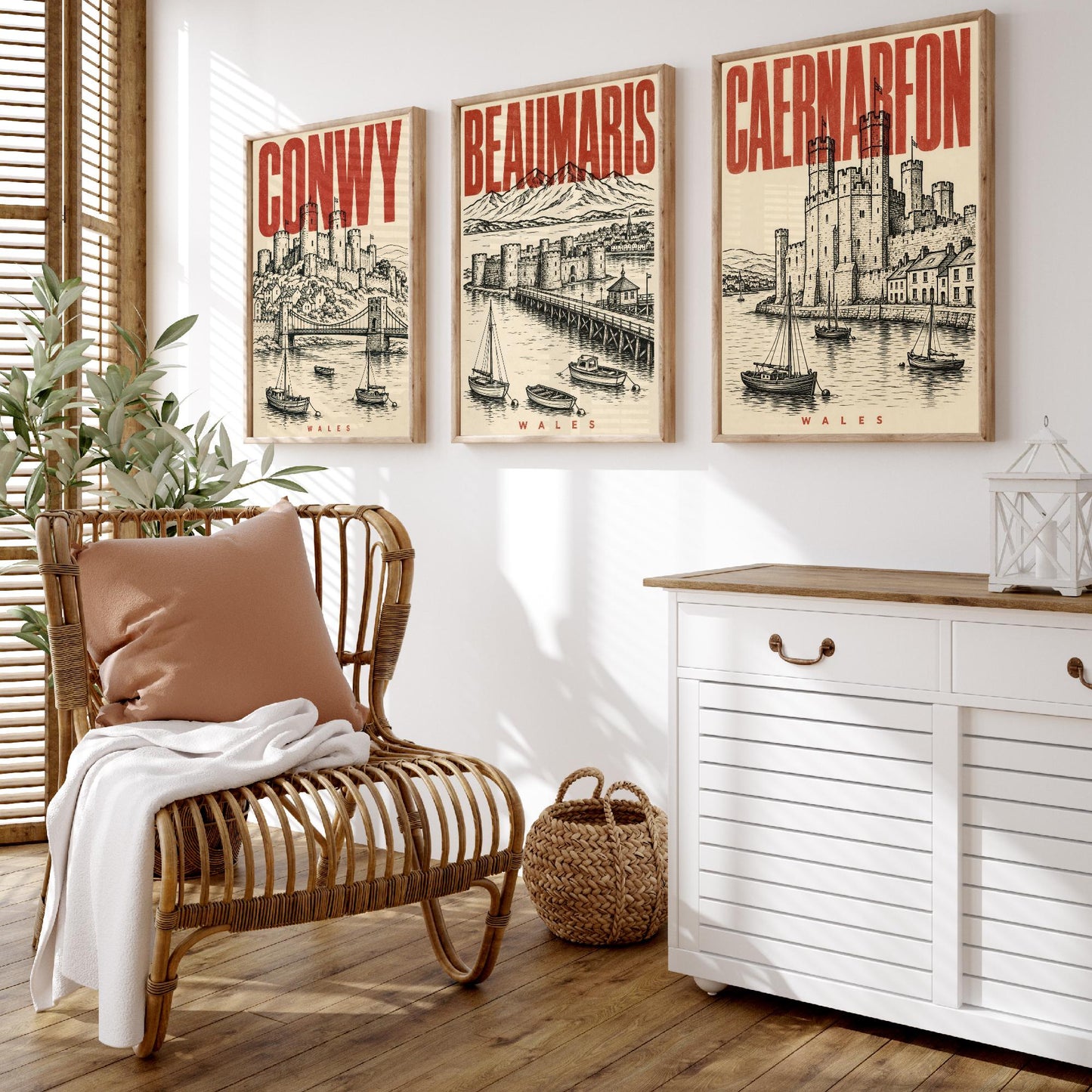 Set of Three Wales Castle Travel Posters - Conwy, Beaumaris, Caernarfon - 3 Vintage Art Prints - Duotone Illustration Gift