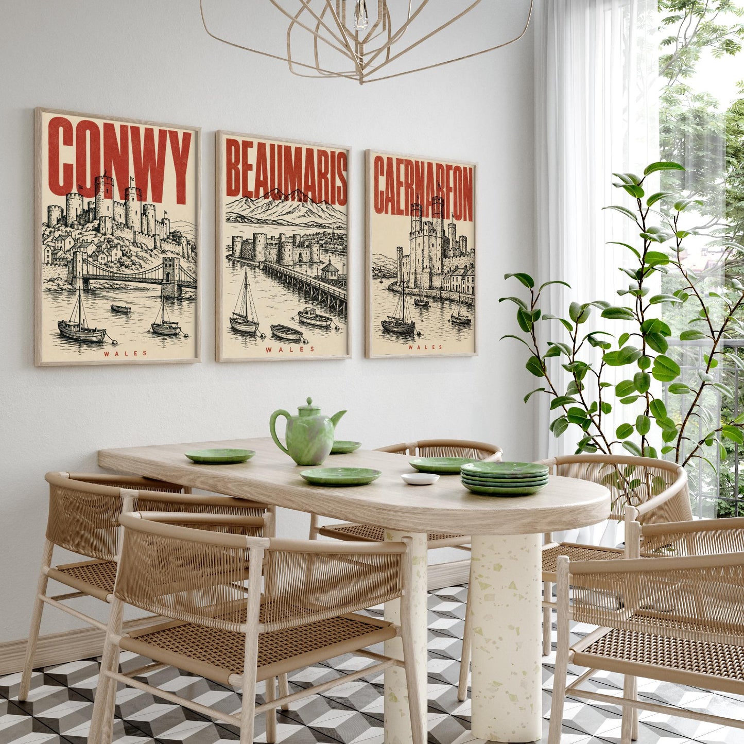 Set of Three Wales Castle Travel Posters - Conwy, Beaumaris, Caernarfon - 3 Vintage Art Prints - Duotone Illustration Gift