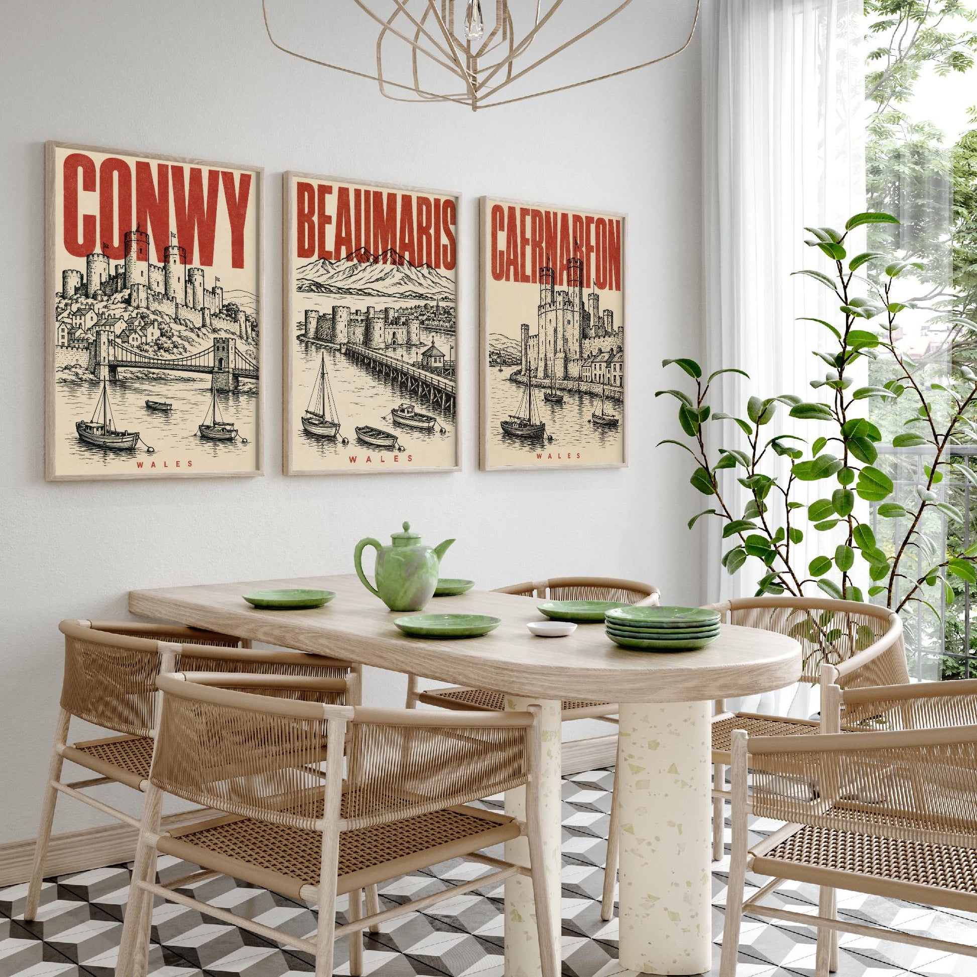 Set of Three Wales Castle Travel Posters - Conwy, Beaumaris, Caernarfon - 3 Vintage Art Prints - Duotone Illustration Gift