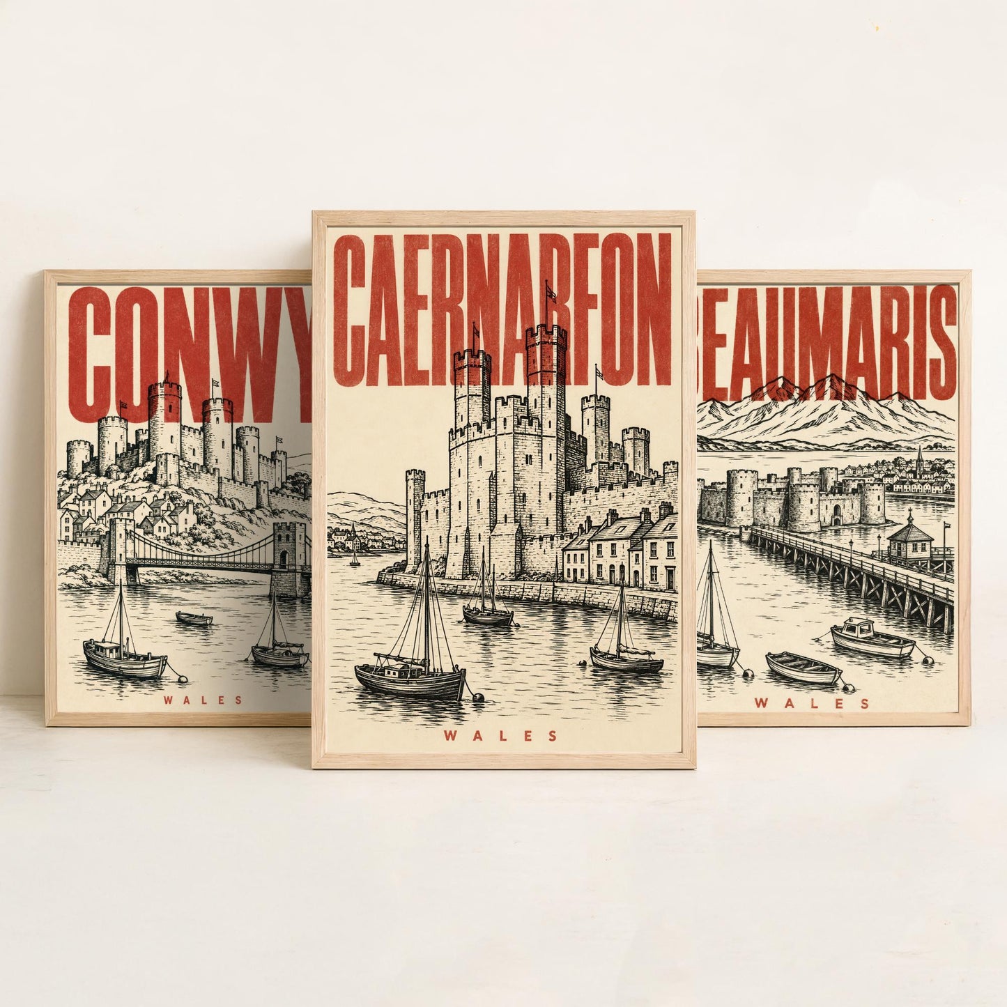 Set of Three Wales Castle Travel Posters - Conwy, Beaumaris, Caernarfon - 3 Vintage Art Prints - Duotone Illustration Gift