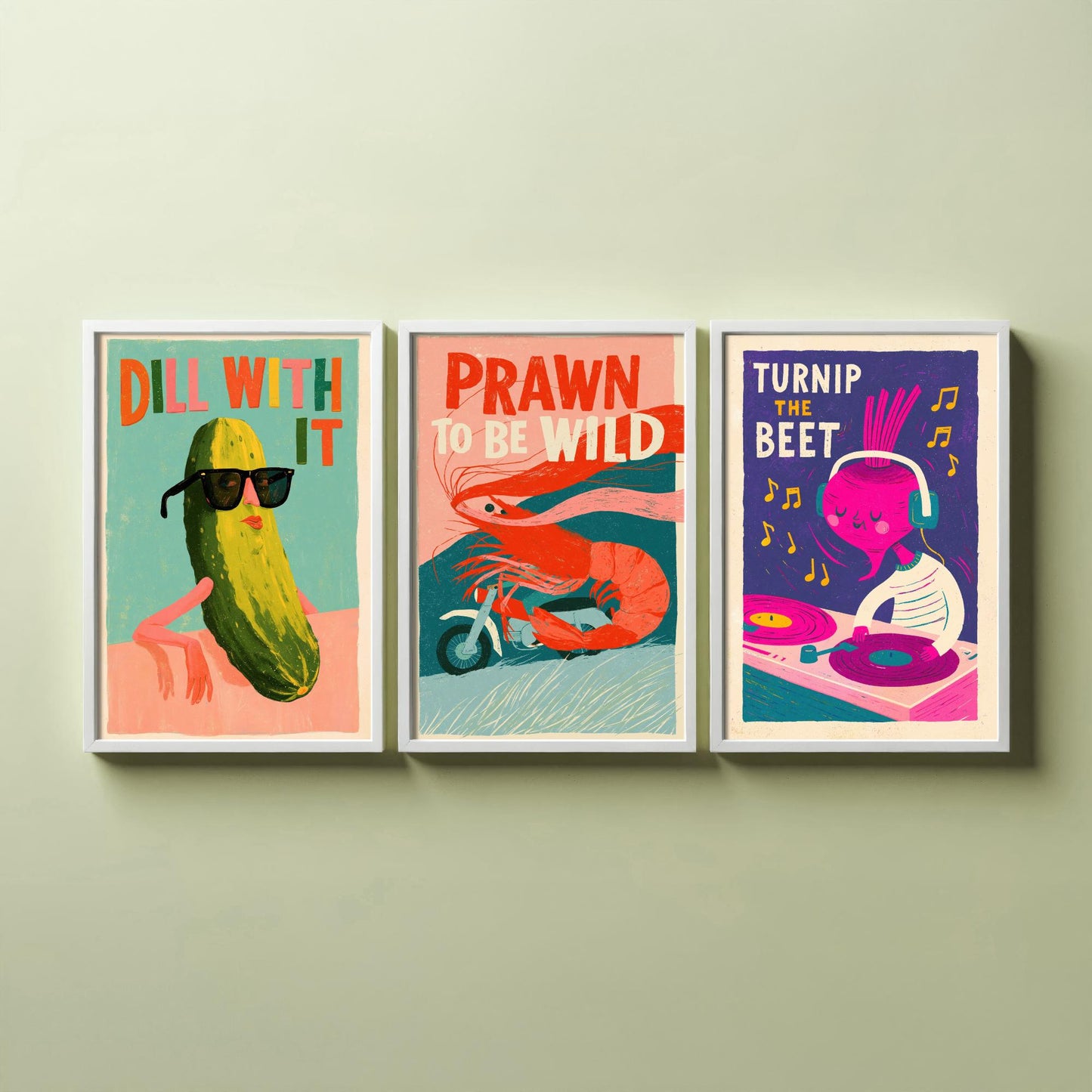 Cool Customers Set of Three Art Prints - Dill With It, Prawn to be Wild, Turnip the Beet - Funny Food Pun Posters Illustration