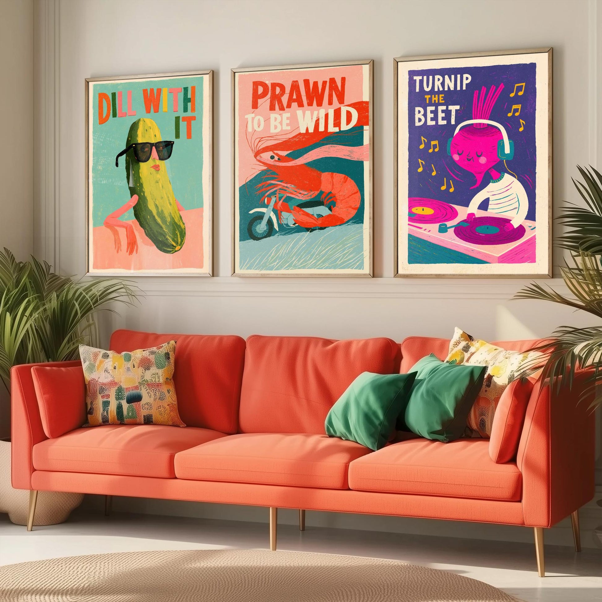 Cool Customers Set of Three Art Prints - Dill With It, Prawn to be Wild, Turnip the Beet - Funny Food Pun Posters Illustration