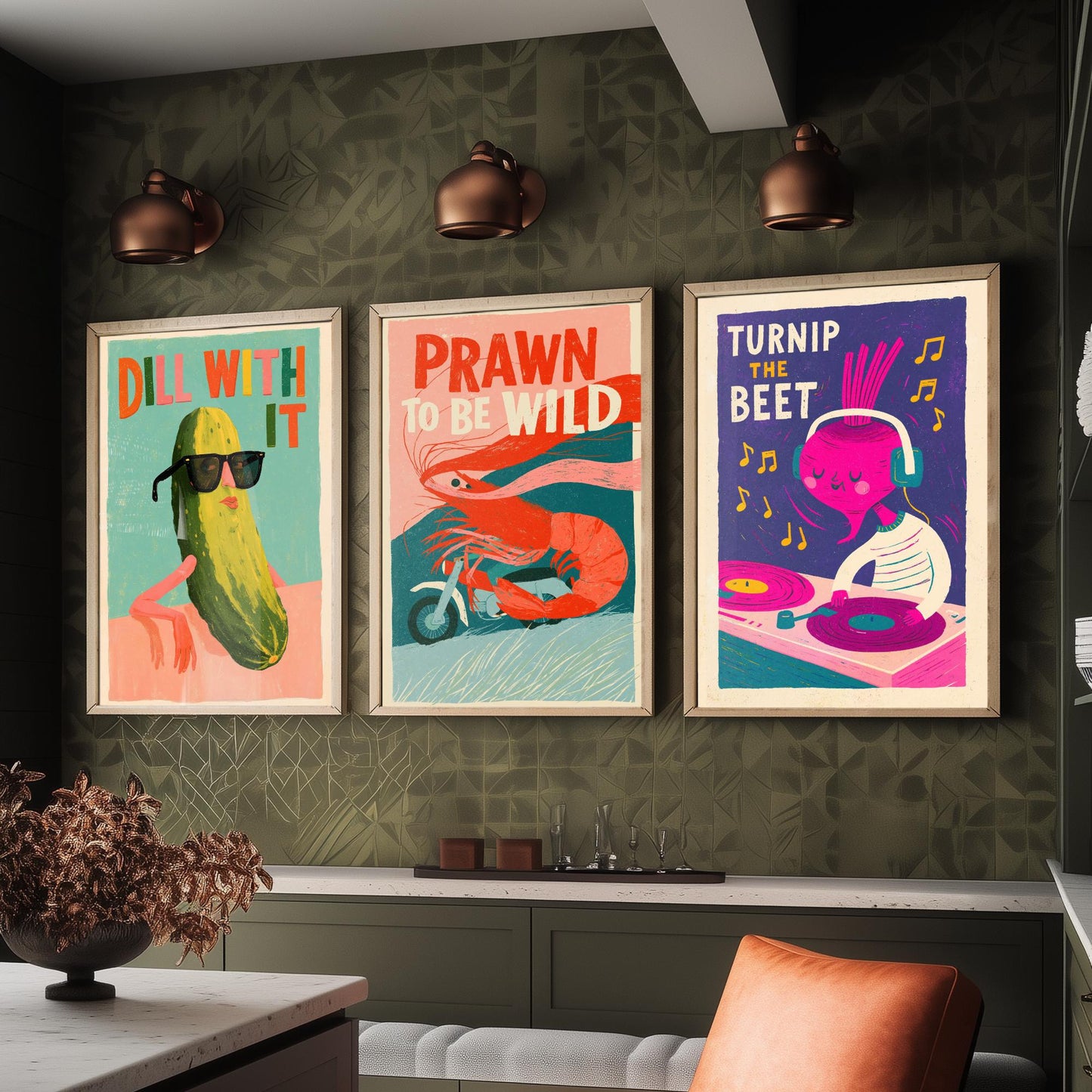 Cool Customers Set of Three Art Prints - Dill With It, Prawn to be Wild, Turnip the Beet - Funny Food Pun Posters Illustration