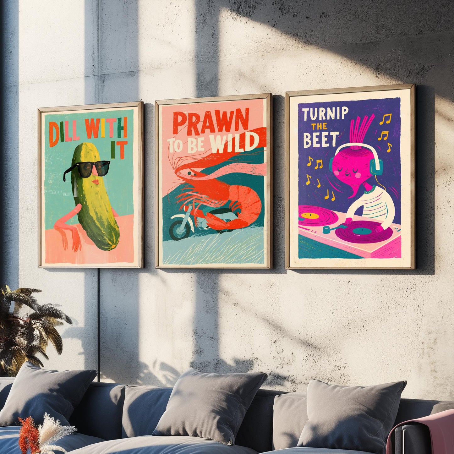 Cool Customers Set of Three Art Prints - Dill With It, Prawn to be Wild, Turnip the Beet - Funny Food Pun Posters Illustration