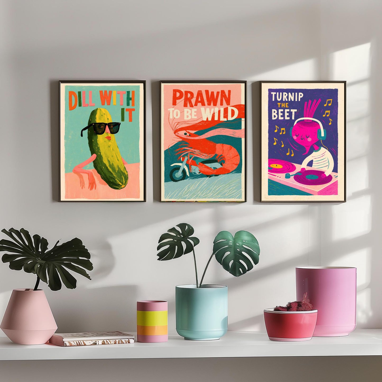 Cool Customers Set of Three Art Prints - Dill With It, Prawn to be Wild, Turnip the Beet - Funny Food Pun Posters Illustration