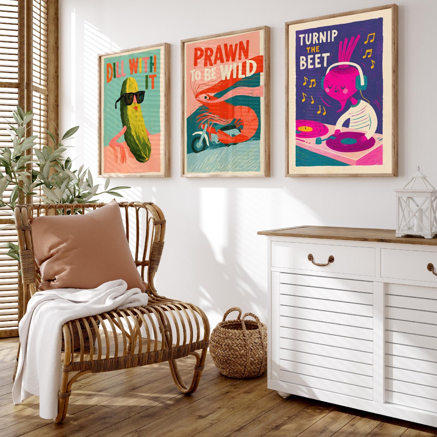 Cool Customers Set of Three Art Prints - Dill With It, Prawn to be Wild, Turnip the Beet - Funny Food Pun Posters Illustration