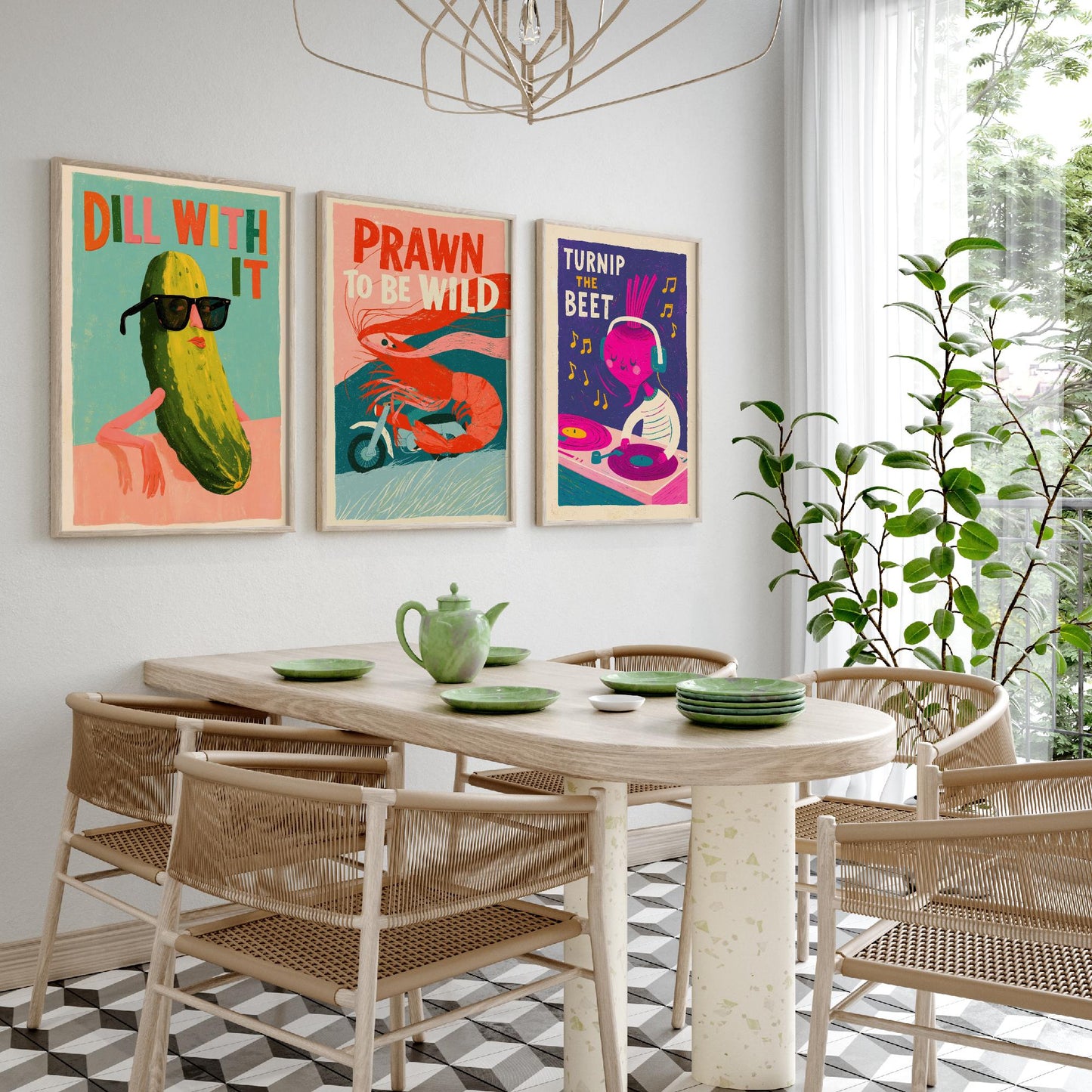 Cool Customers Set of Three Art Prints - Dill With It, Prawn to be Wild, Turnip the Beet - Funny Food Pun Posters Illustration