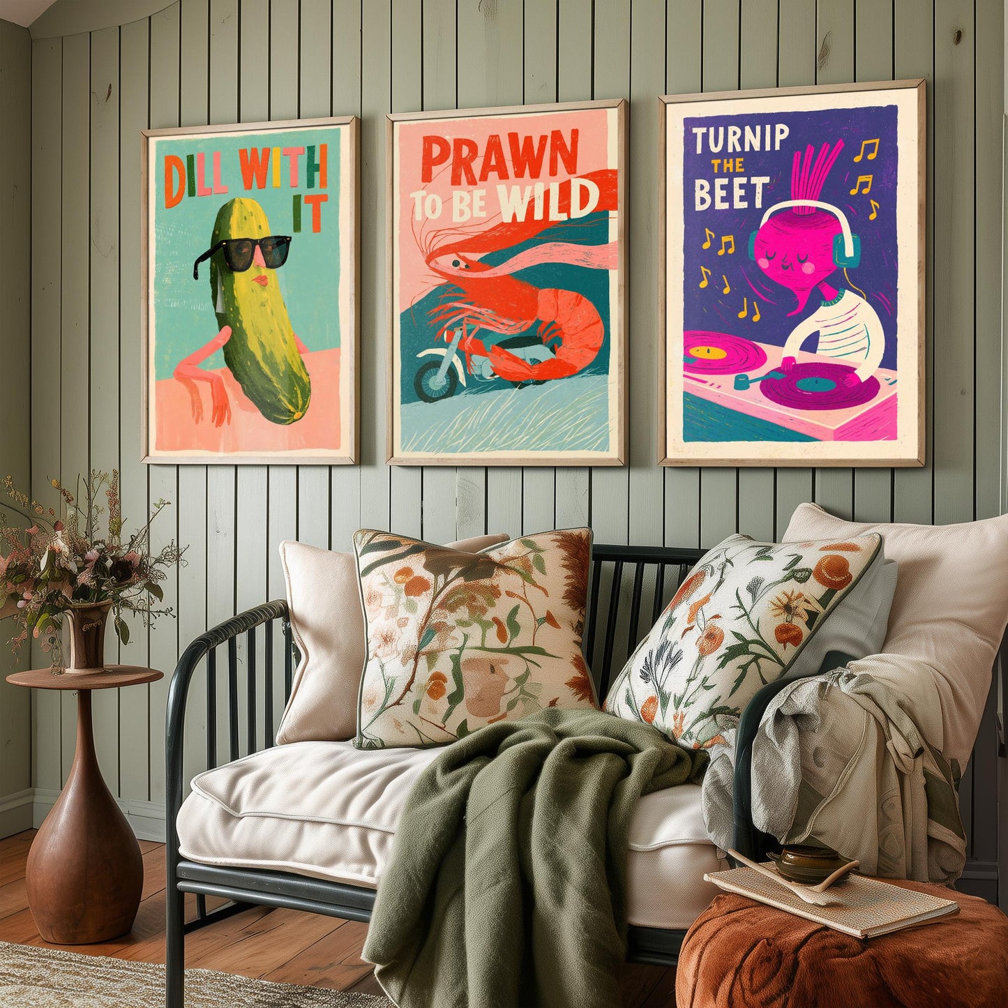 Cool Customers Set of Three Art Prints - Dill With It, Prawn to be Wild, Turnip the Beet - Funny Food Pun Posters Illustration