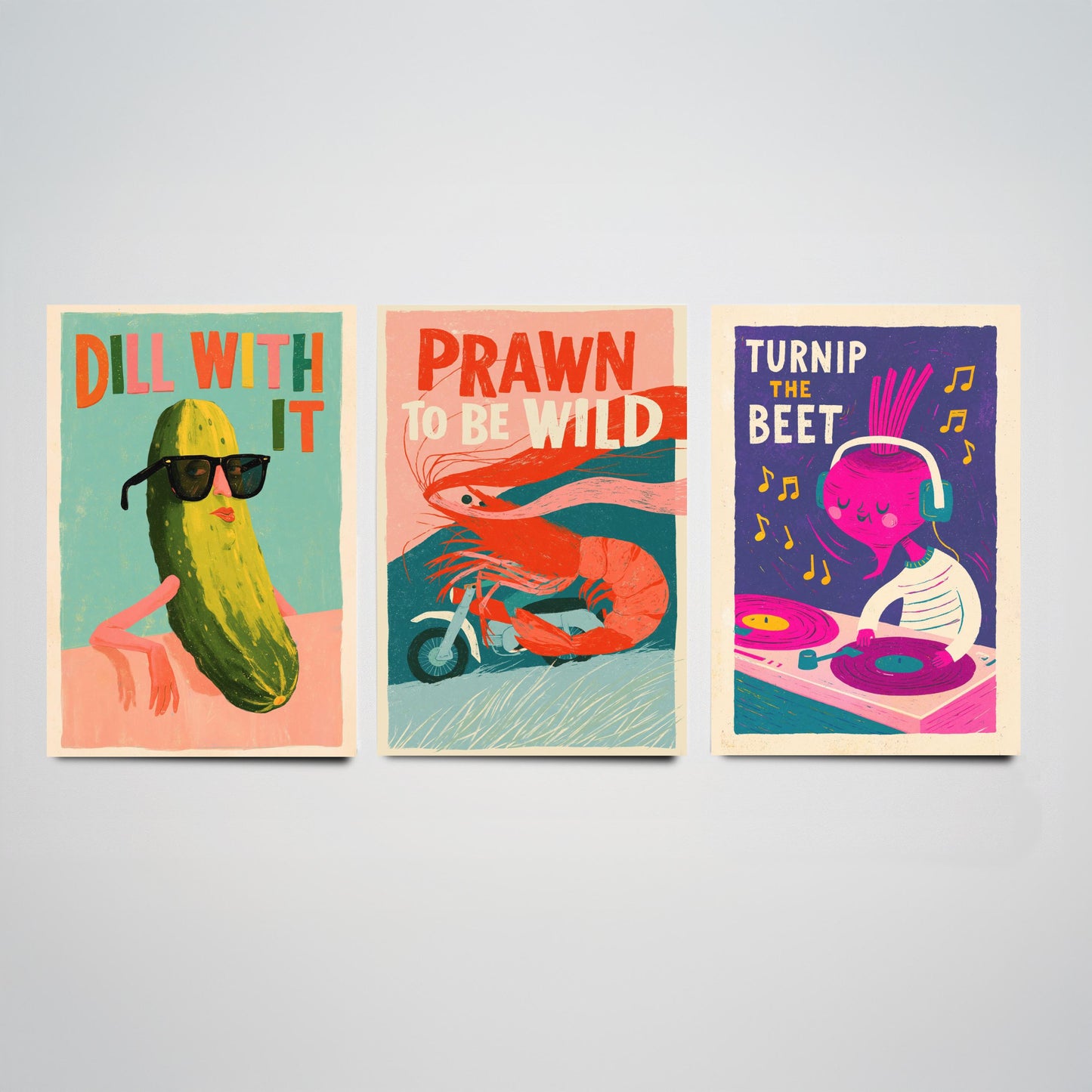 Cool Customers Set of Three Art Prints - Dill With It, Prawn to be Wild, Turnip the Beet - Funny Food Pun Posters Illustration
