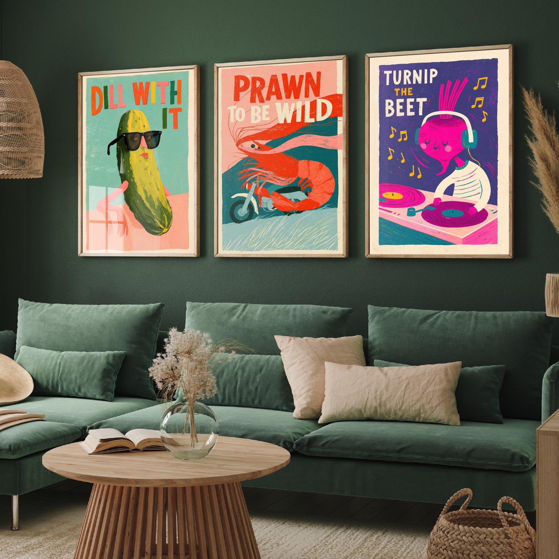 Cool Customers Set of Three Art Prints - Dill With It, Prawn to be Wild, Turnip the Beet - Funny Food Pun Posters Illustration