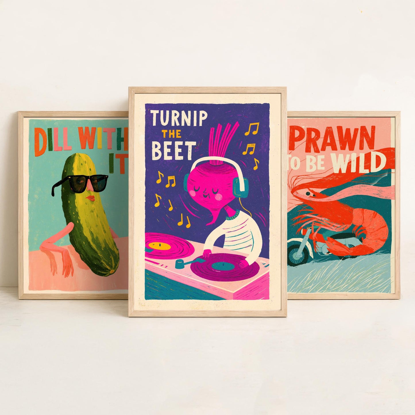 Cool Customers Set of Three Art Prints - Dill With It, Prawn to be Wild, Turnip the Beet - Funny Food Pun Posters Illustration