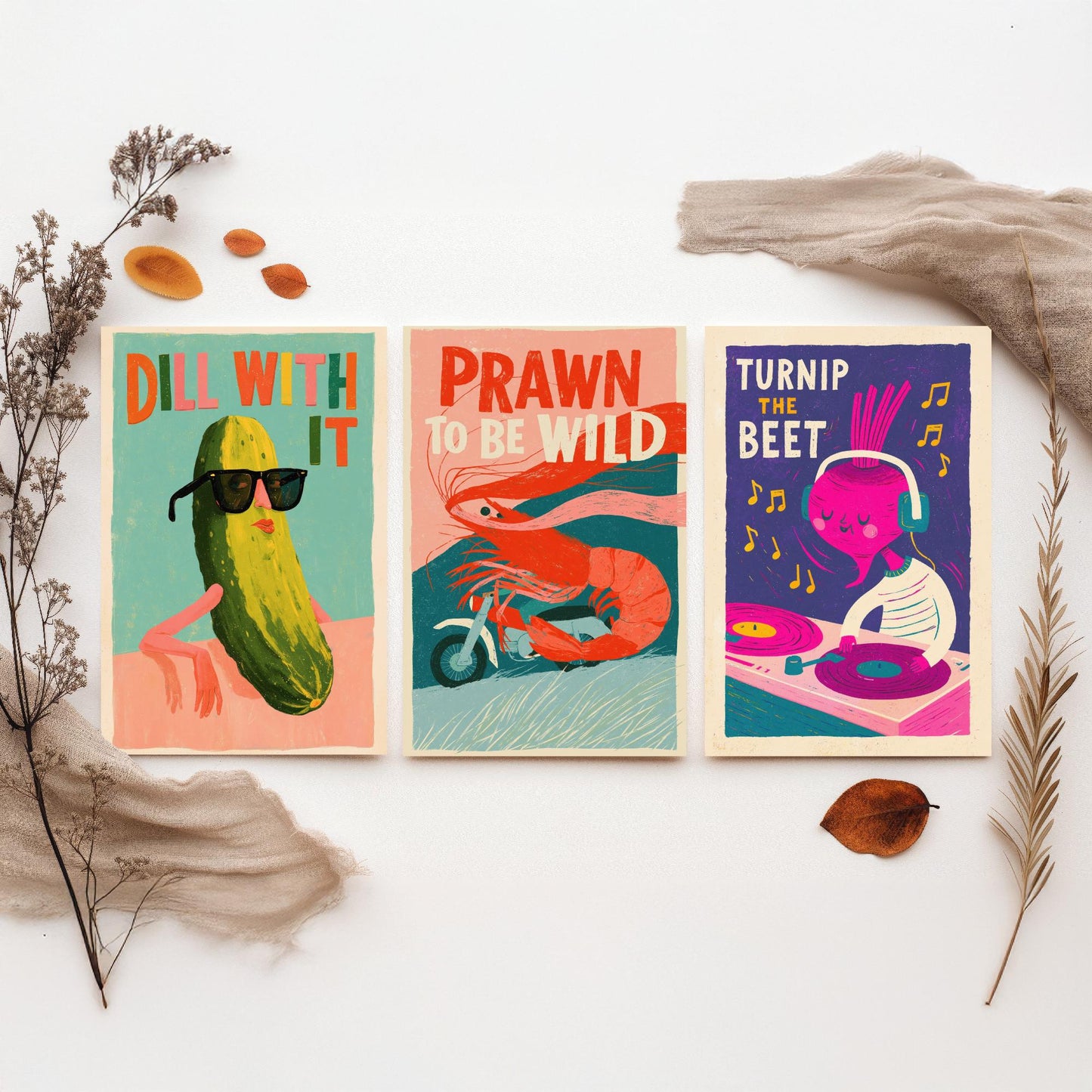 Cool Customers Set of Three Art Prints - Dill With It, Prawn to be Wild, Turnip the Beet - Funny Food Pun Posters Illustration