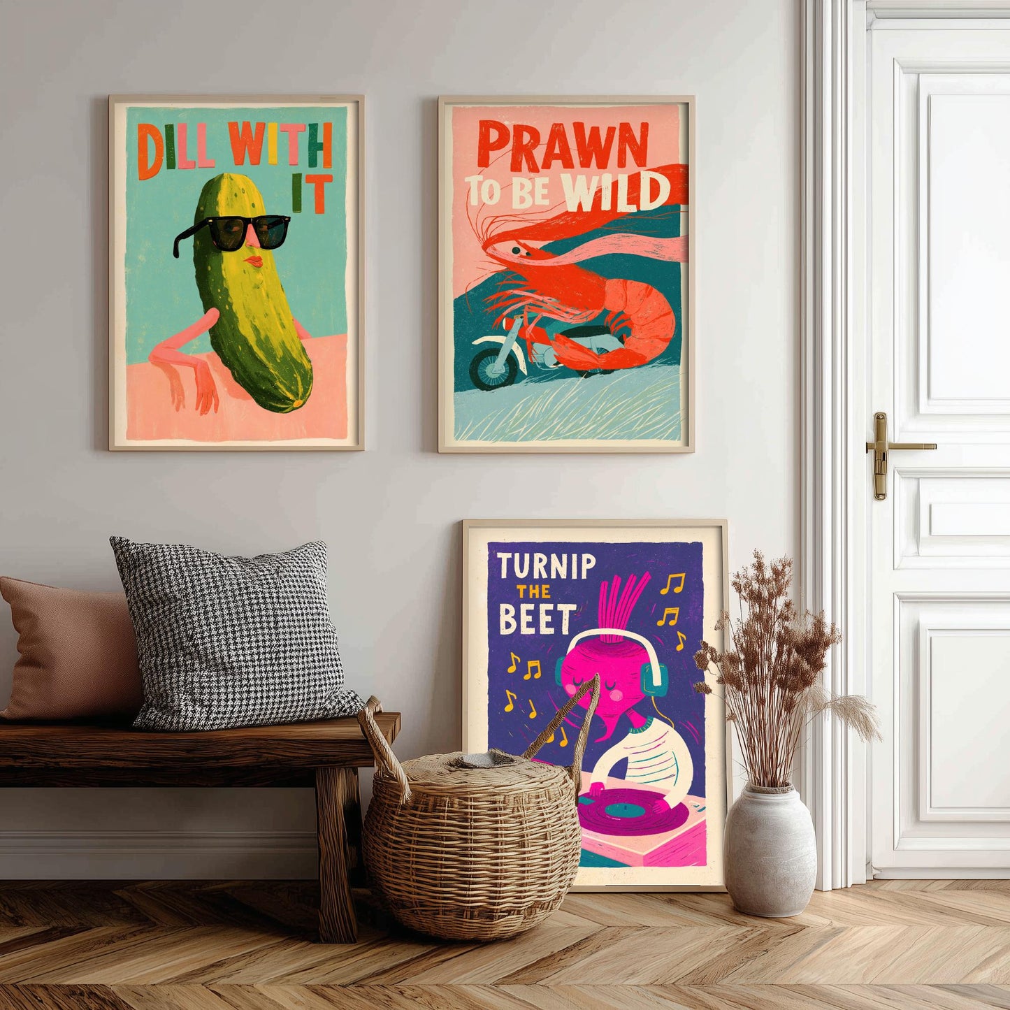 Cool Customers Set of Three Art Prints - Dill With It, Prawn to be Wild, Turnip the Beet - Funny Food Pun Posters Illustration