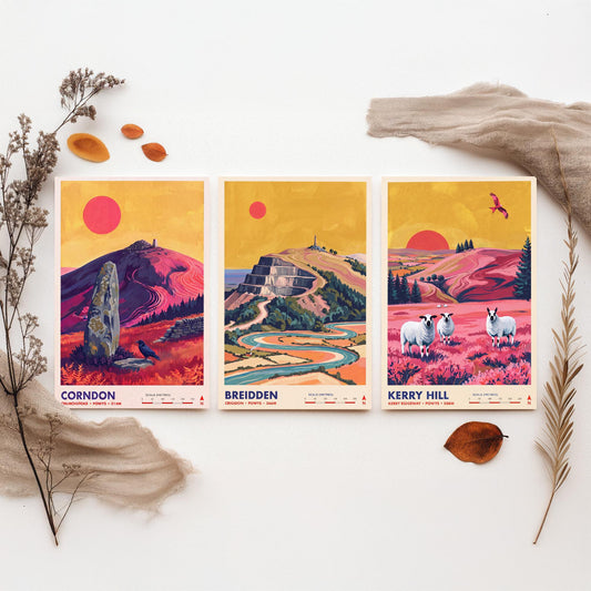 Powys Hills Set of Three Art Prints - Corndon, Breidden, Kerry Hill - Welsh Borders Travel Posters - Vibrant Painting