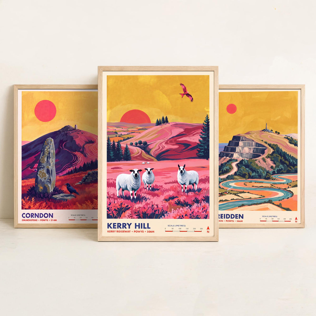 Powys Hills Set of Three Art Prints - Corndon, Breidden, Kerry Hill - Welsh Borders Travel Posters - Vibrant Painting