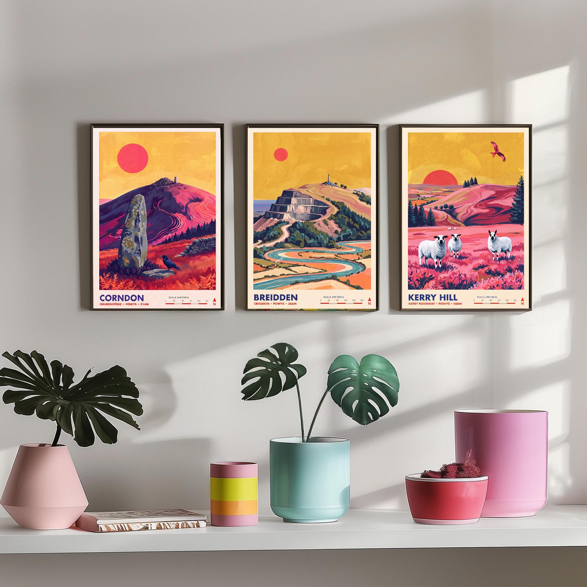 Powys Hills Set of Three Art Prints - Corndon, Breidden, Kerry Hill - Welsh Borders Travel Posters - Vibrant Painting