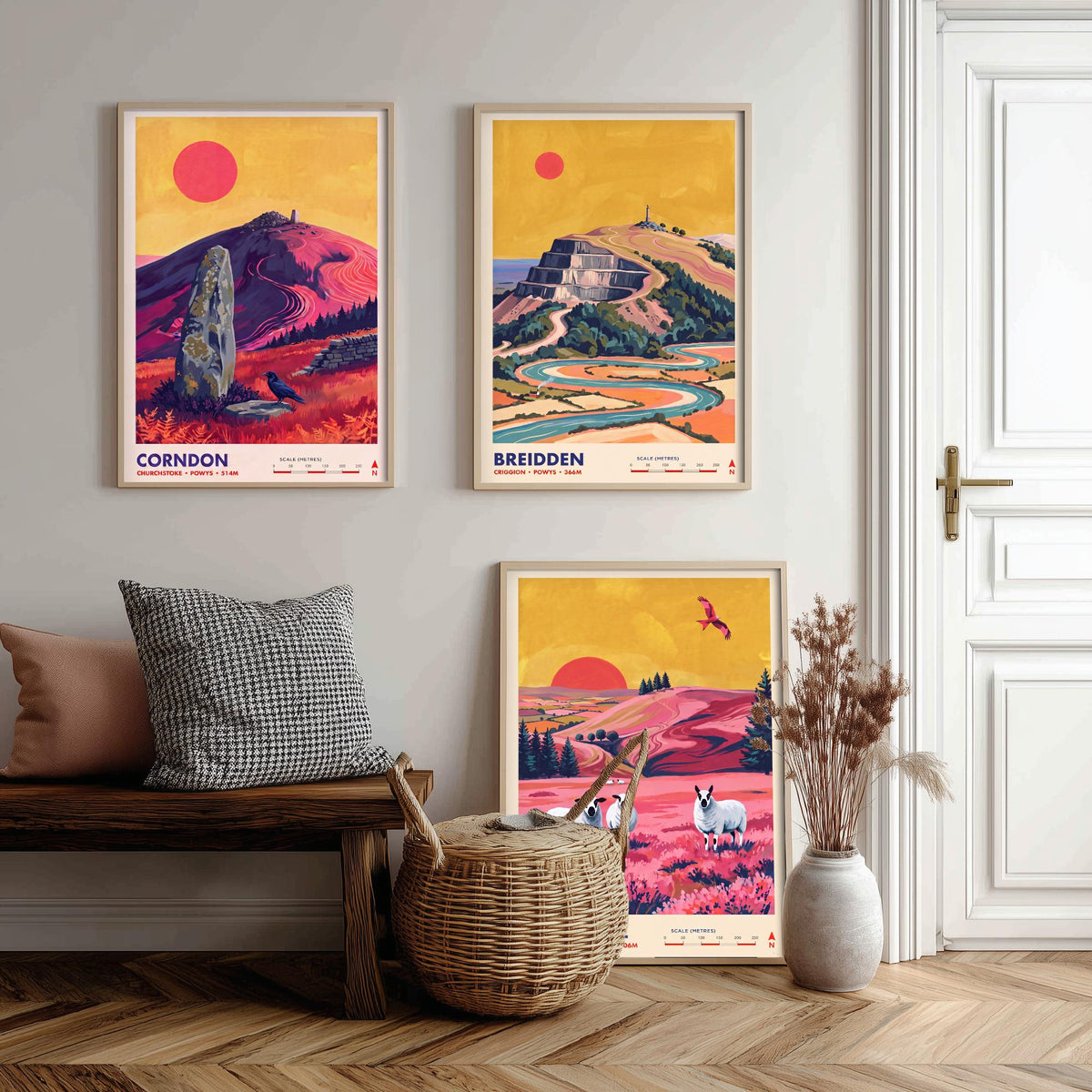 Powys Hills Set of Three Art Prints - Corndon, Breidden, Kerry Hill - Welsh Borders Travel Posters - Vibrant Painting