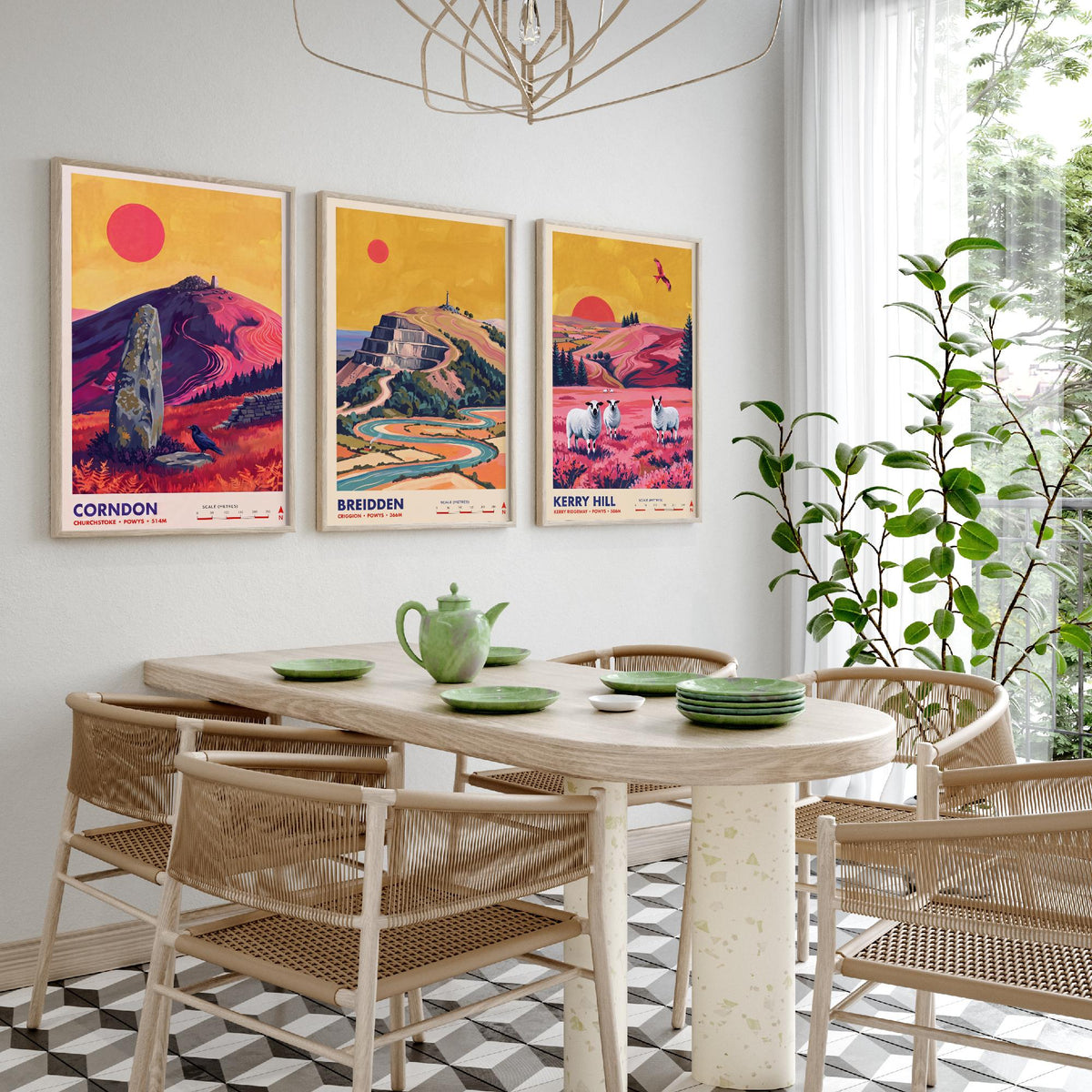 Powys Hills Set of Three Art Prints - Corndon, Breidden, Kerry Hill - Welsh Borders Travel Posters - Vibrant Painting