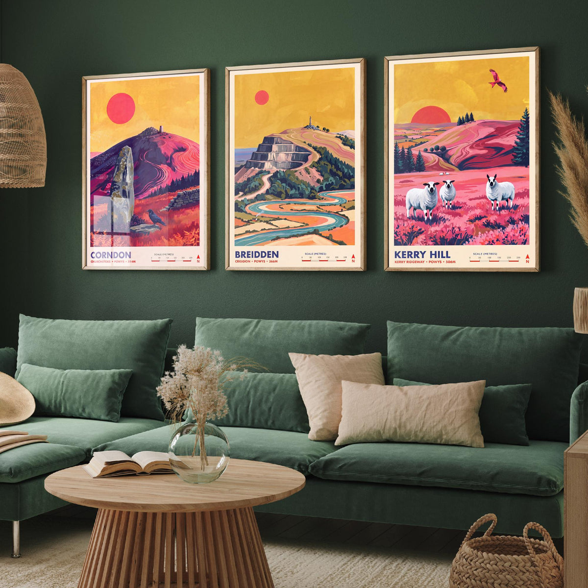 Powys Hills Set of Three Art Prints - Corndon, Breidden, Kerry Hill - Welsh Borders Travel Posters - Vibrant Painting