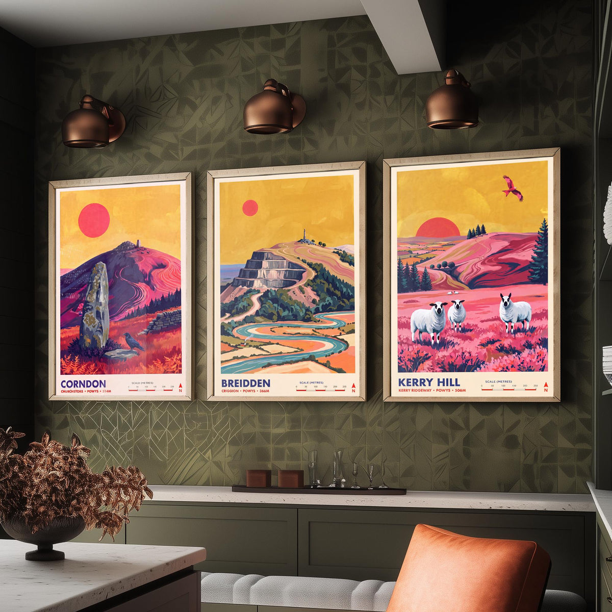 Powys Hills Set of Three Art Prints - Corndon, Breidden, Kerry Hill - Welsh Borders Travel Posters - Vibrant Painting