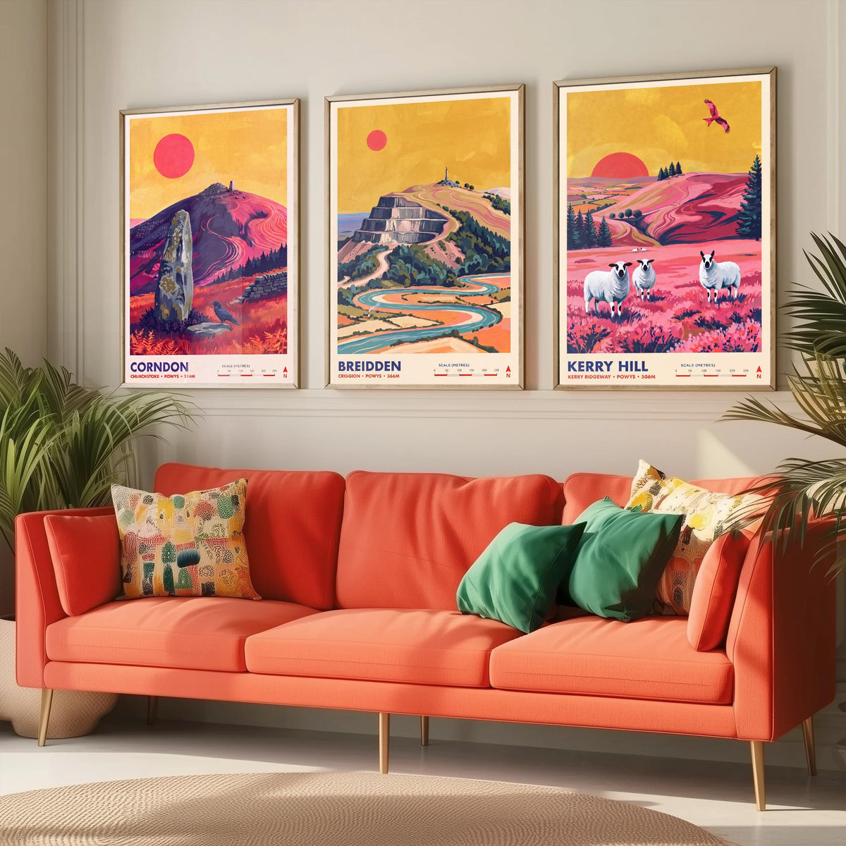 Powys Hills Set of Three Art Prints - Corndon, Breidden, Kerry Hill - Welsh Borders Travel Posters - Vibrant Painting
