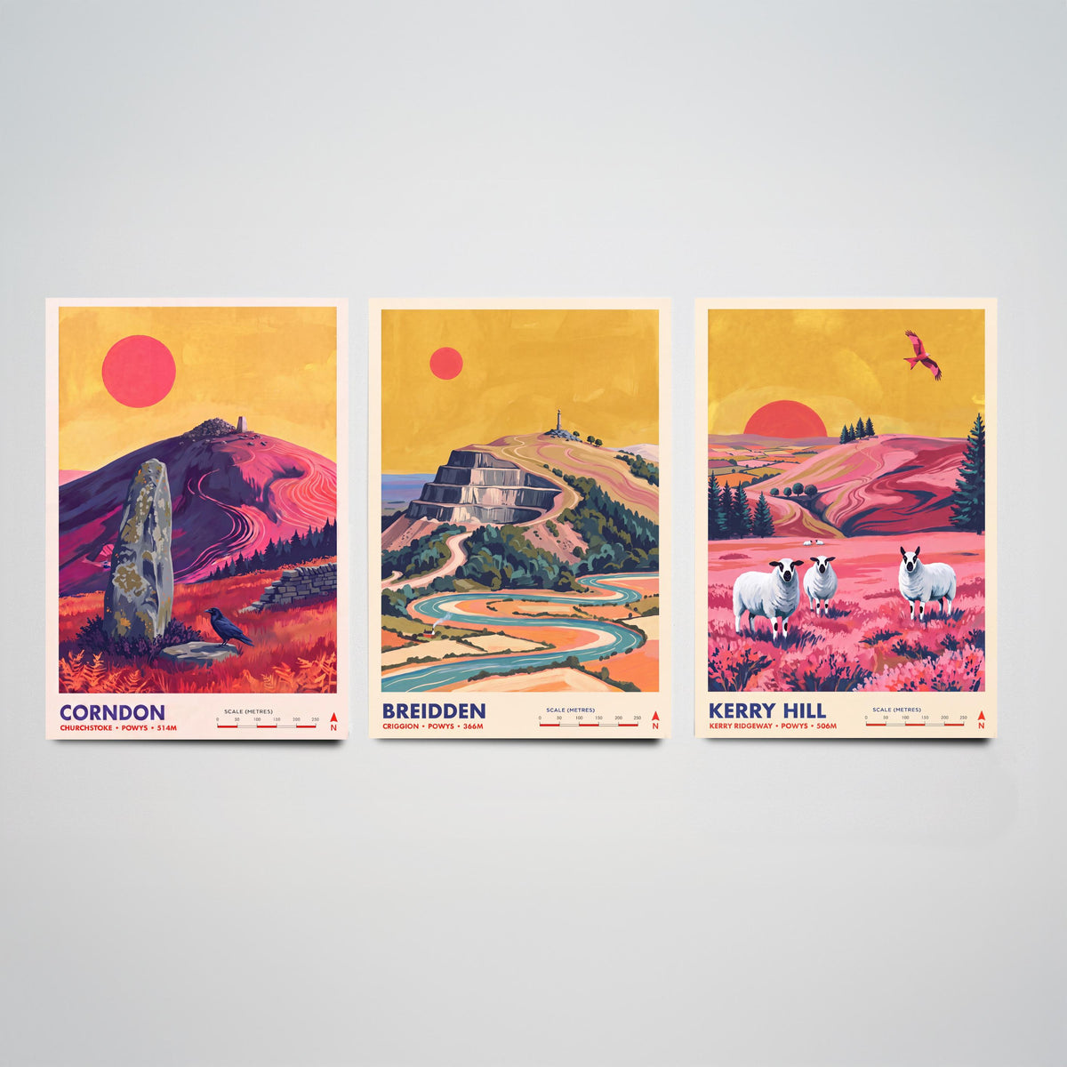 Powys Hills Set of Three Art Prints - Corndon, Breidden, Kerry Hill - Welsh Borders Travel Posters - Vibrant Painting