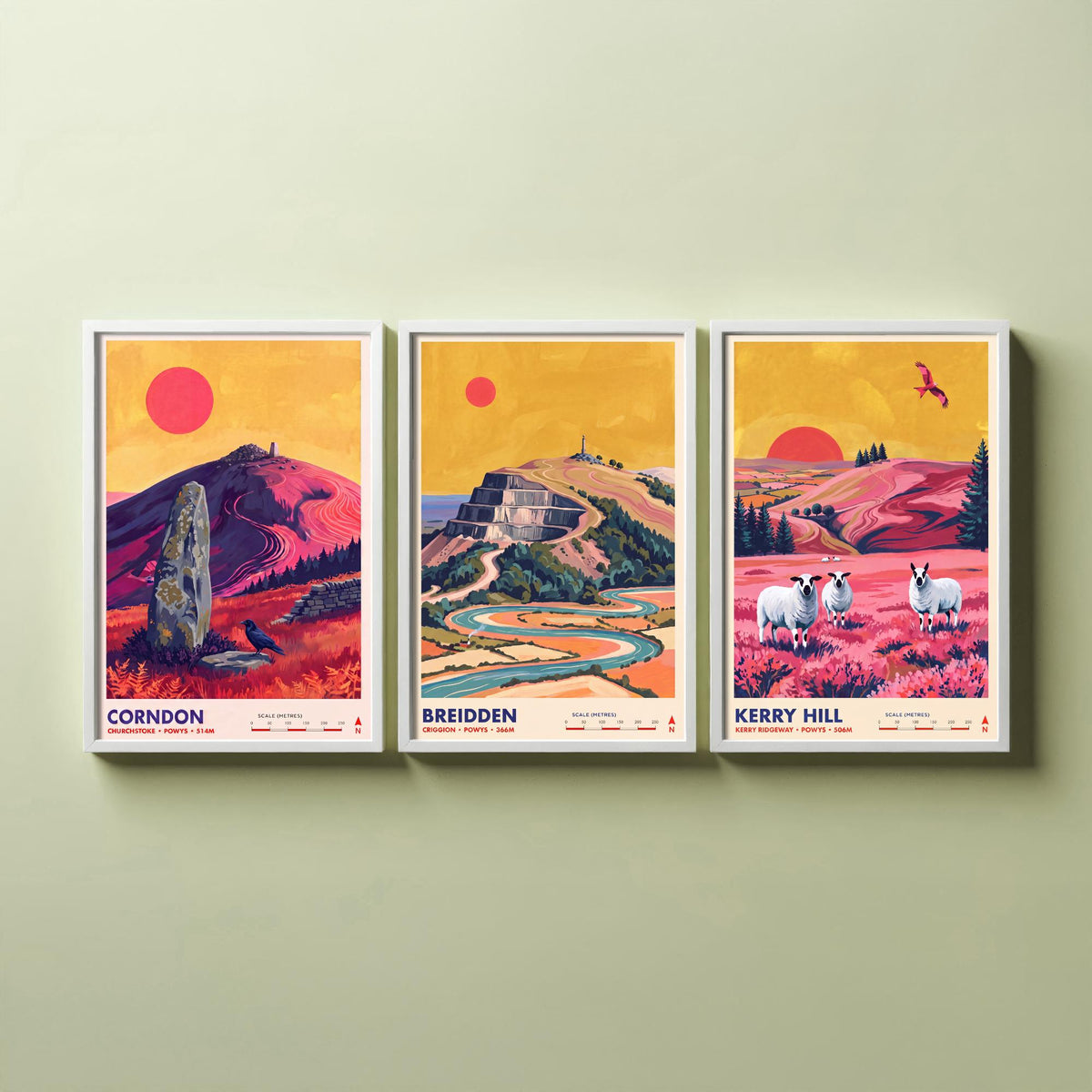 Powys Hills Set of Three Art Prints - Corndon, Breidden, Kerry Hill - Welsh Borders Travel Posters - Vibrant Painting