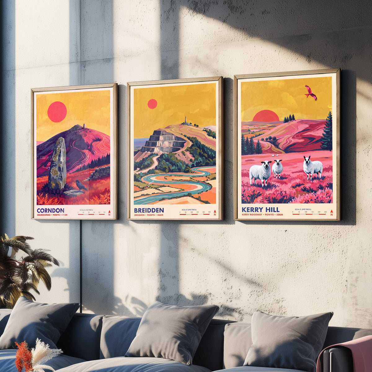 Powys Hills Set of Three Art Prints - Corndon, Breidden, Kerry Hill - Welsh Borders Travel Posters - Vibrant Painting